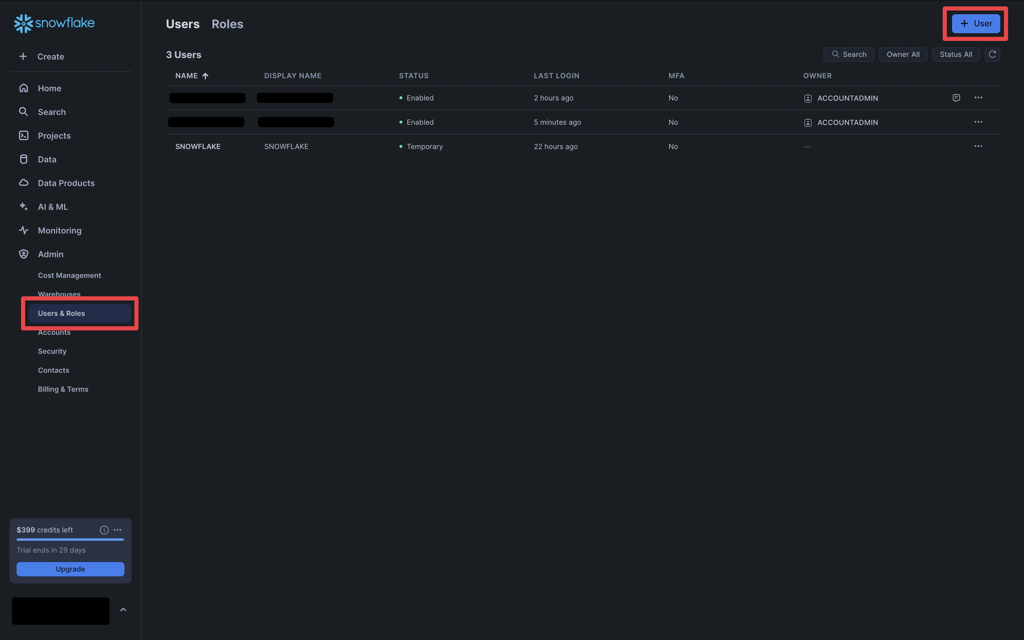 Snowflake User
Dashboard