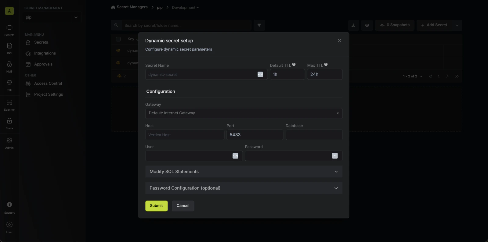 Dynamic Secret Setup Modal