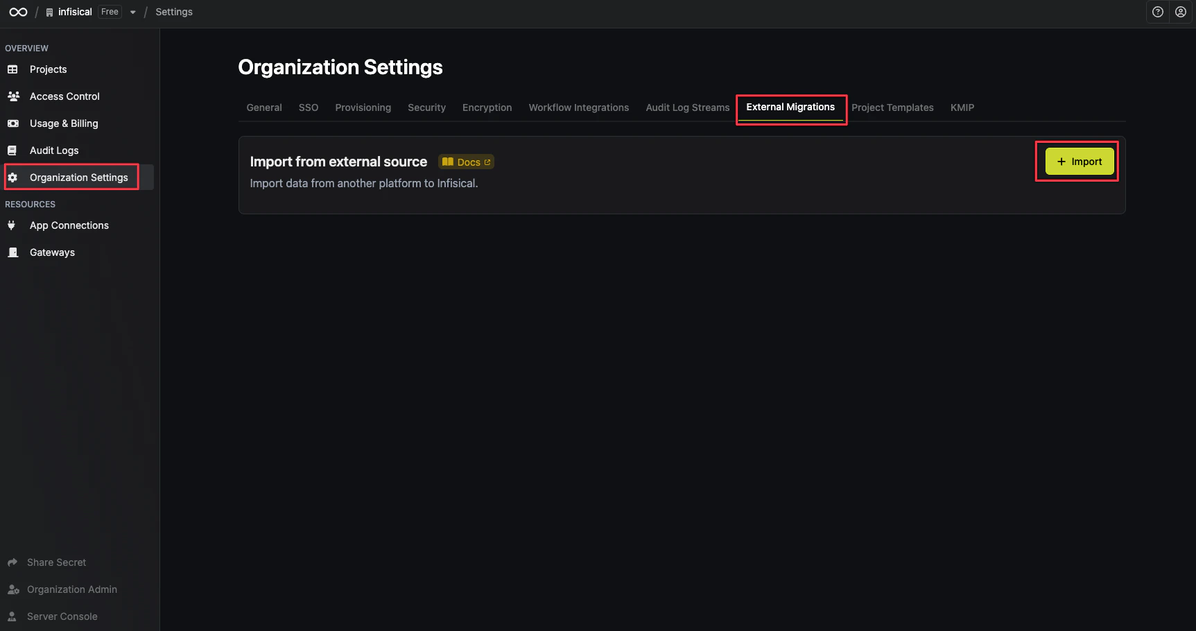 Infisical Organization settings