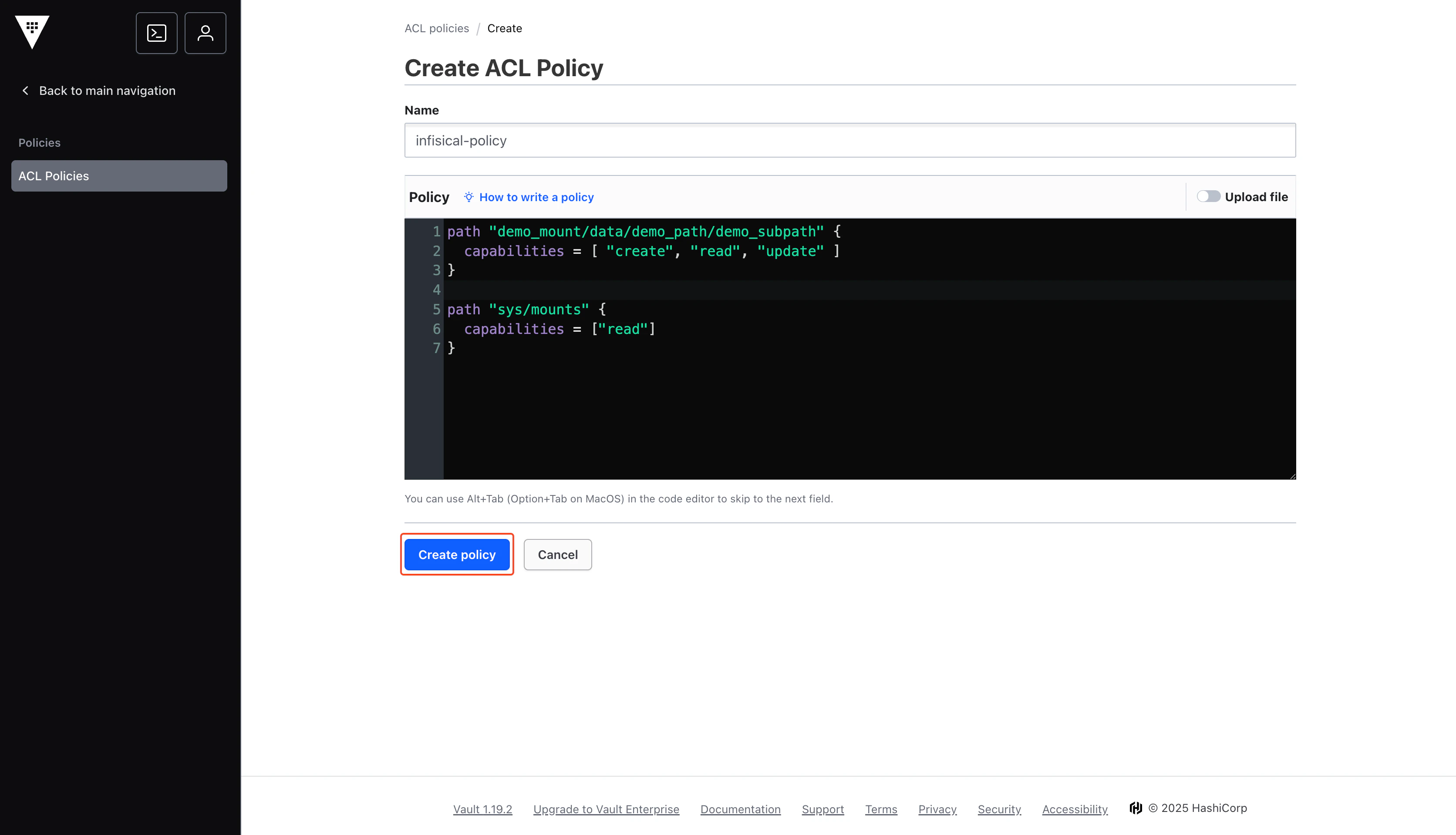 Vault Create Policy