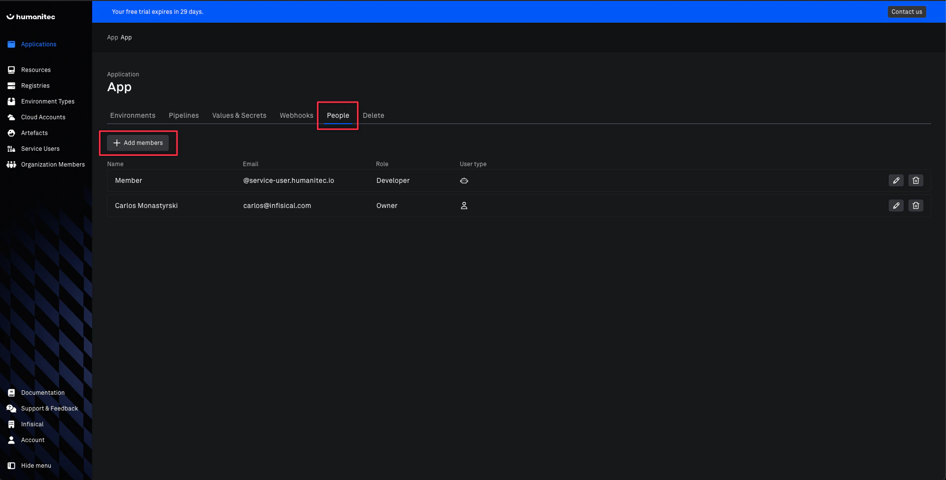 Humanitec Add User to Application