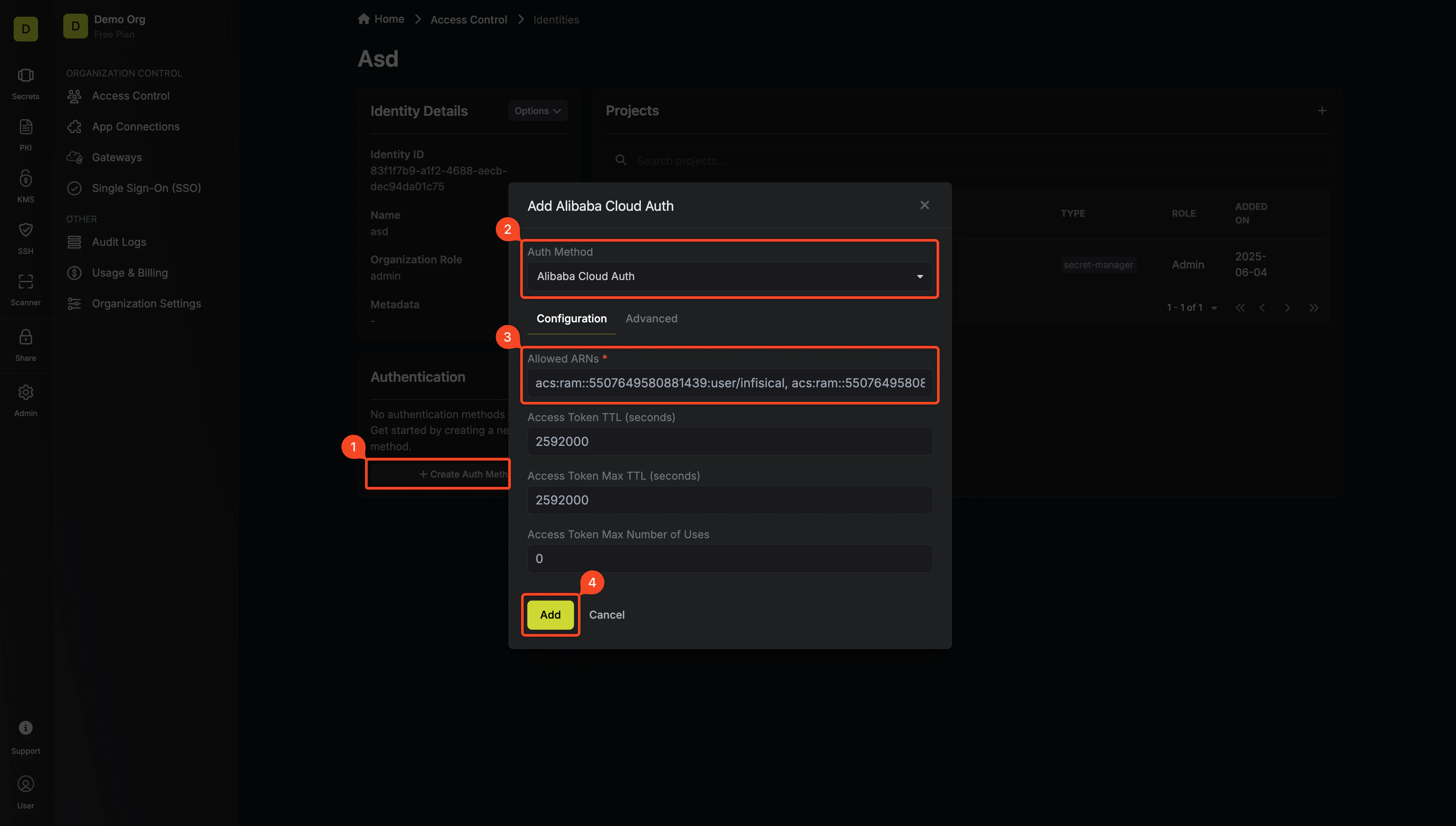 identities create alicloud auth method