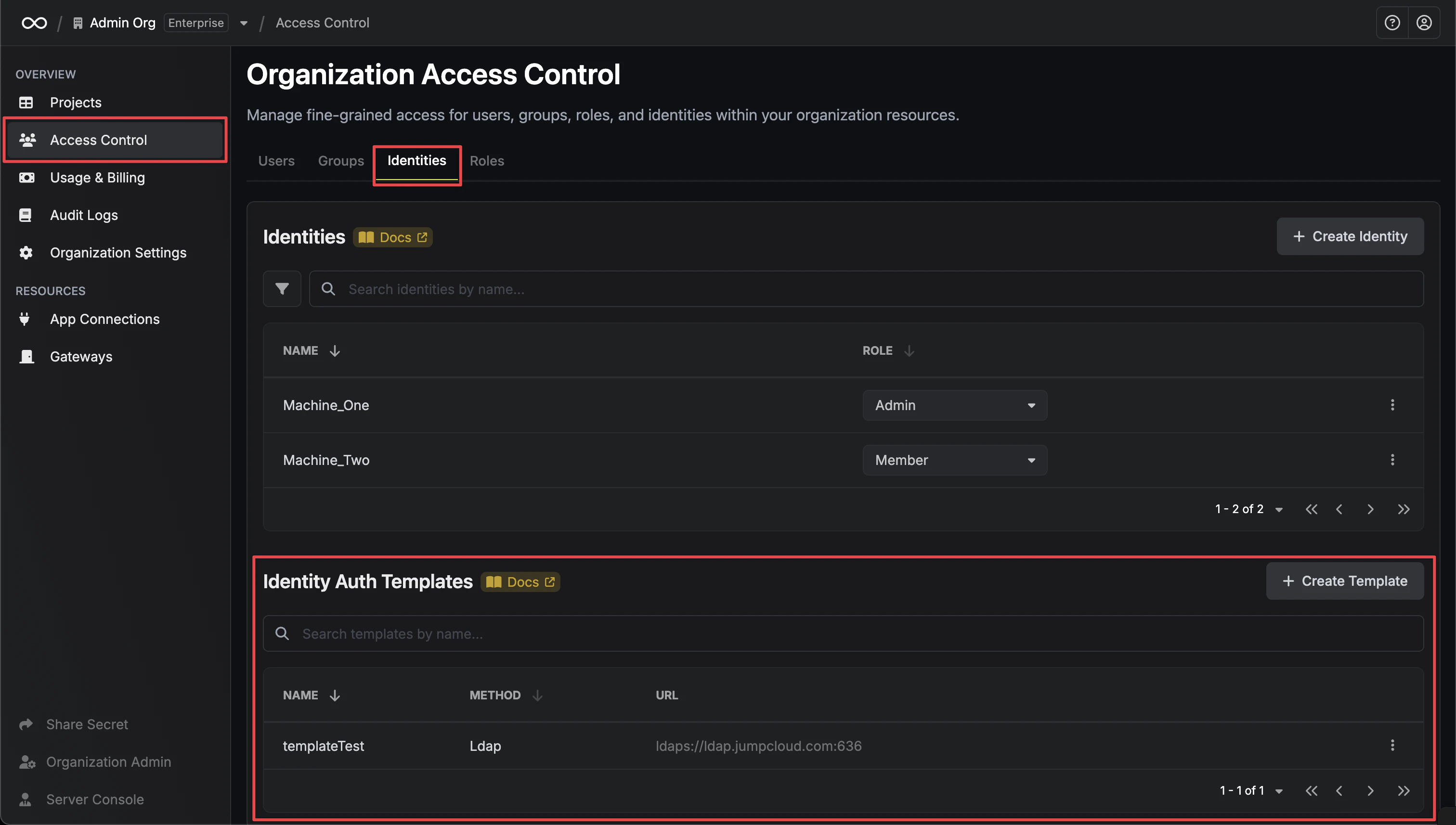 Identity Auth Templates Section