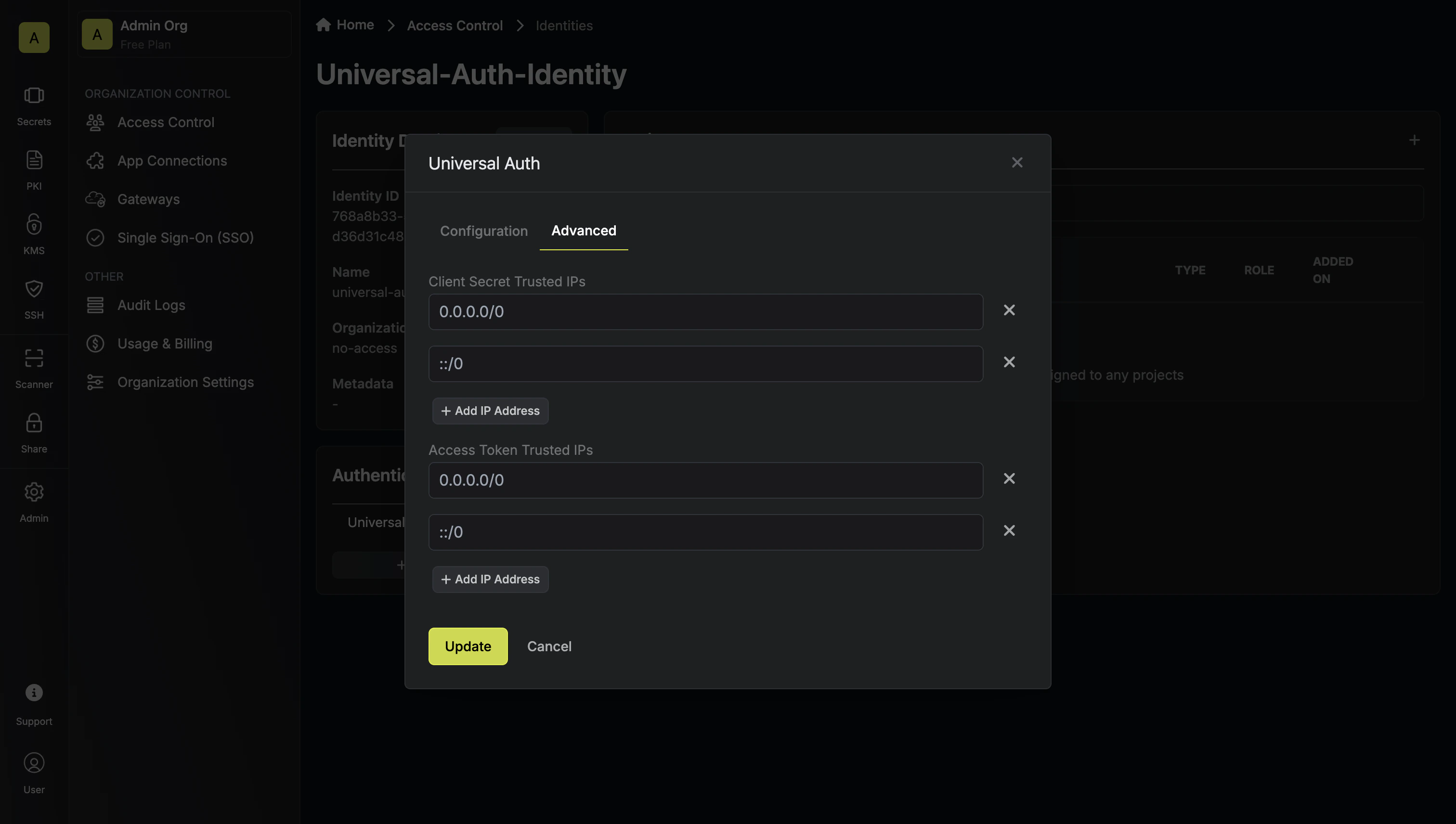 identities organization create universal auth method 2