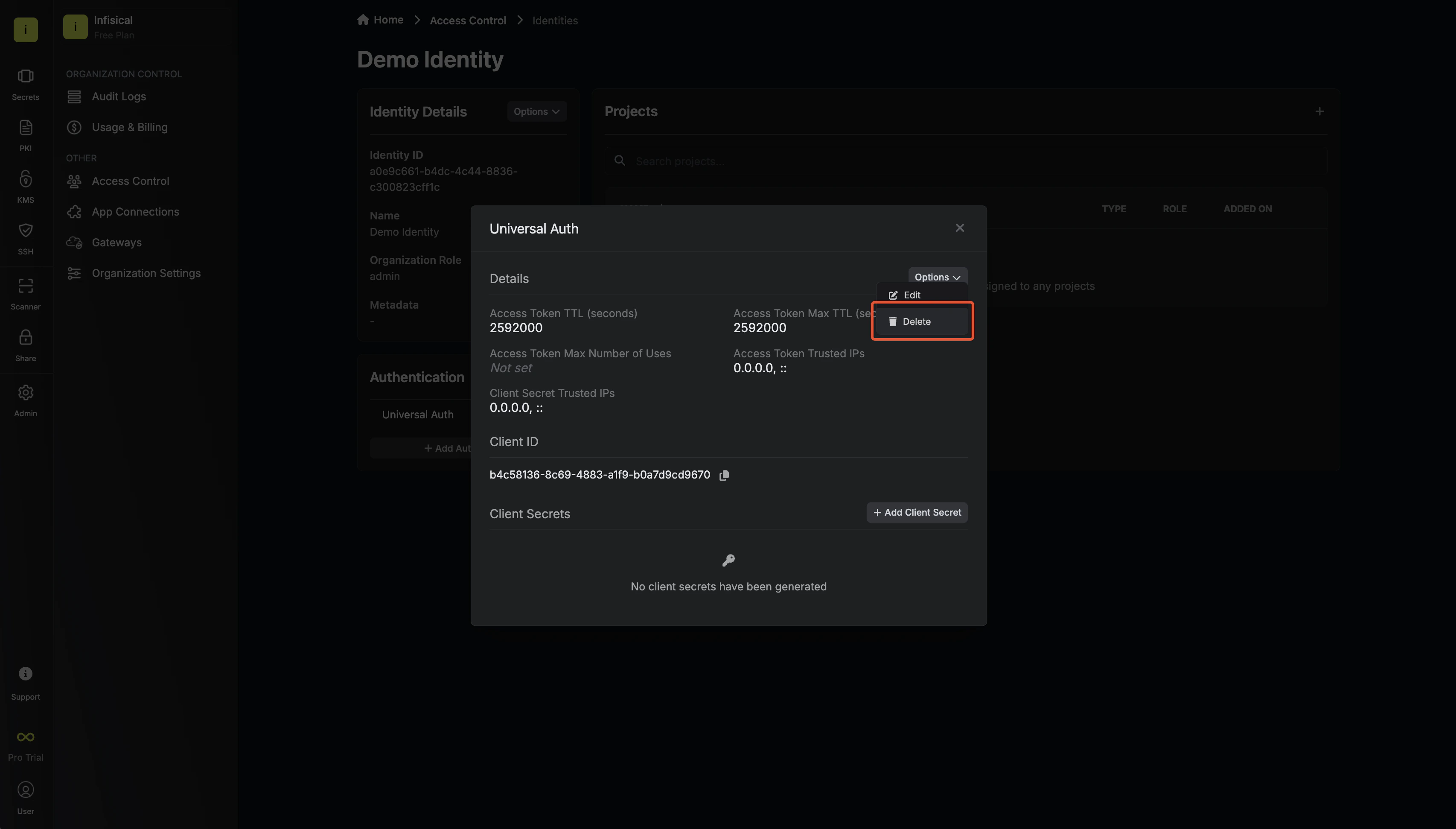 identities page remove default auth