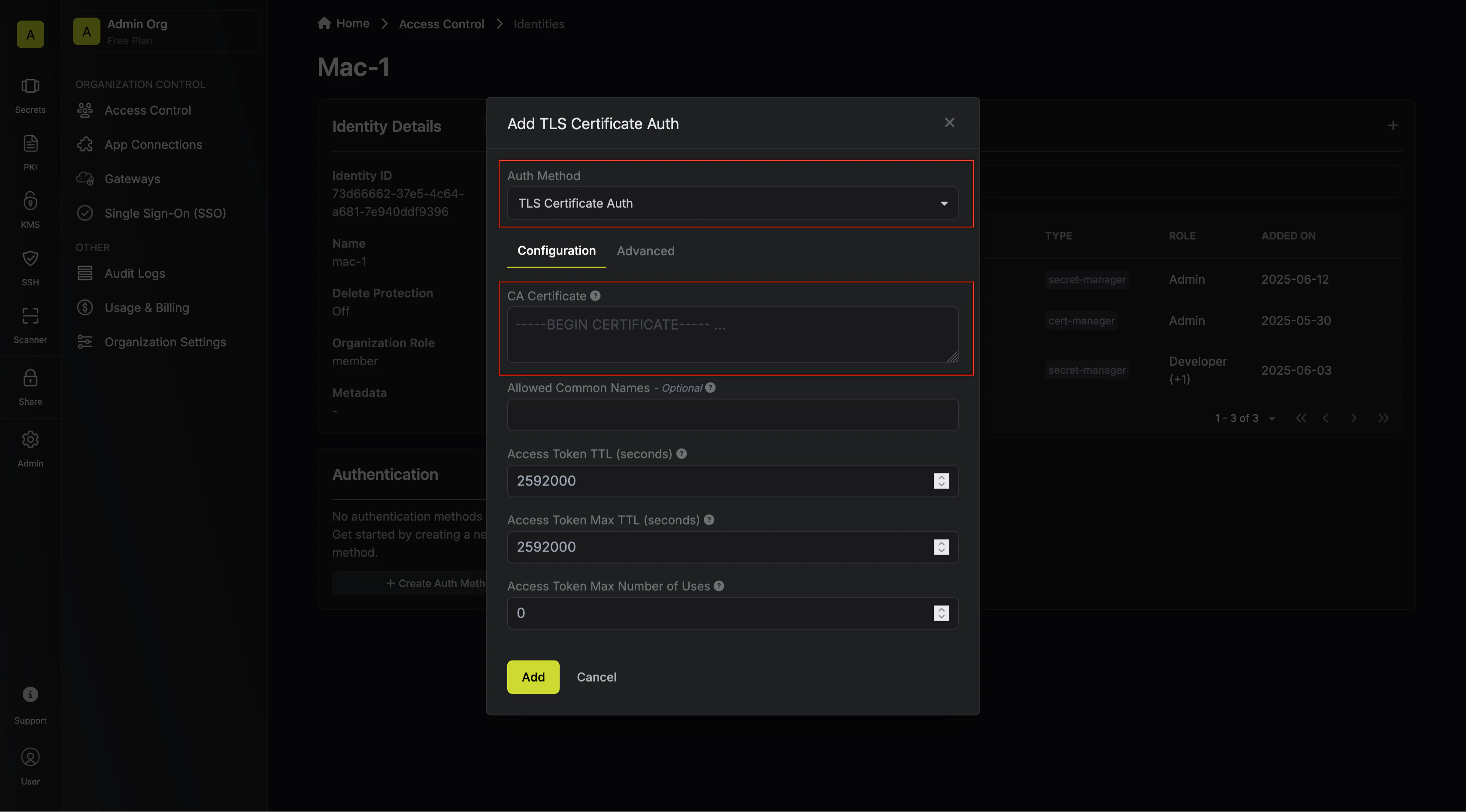 identities create tls cert auth method
