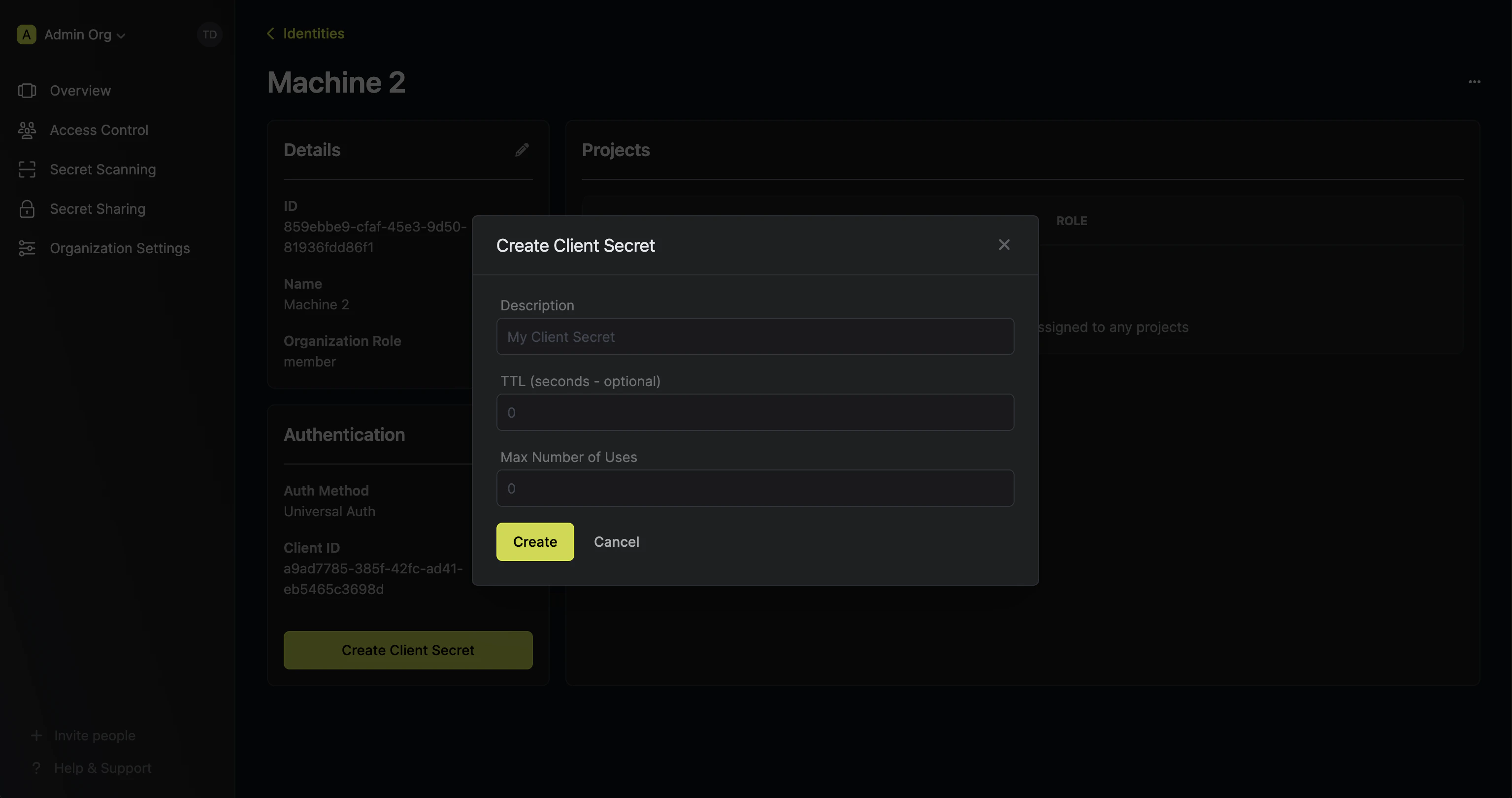 identities client secret create