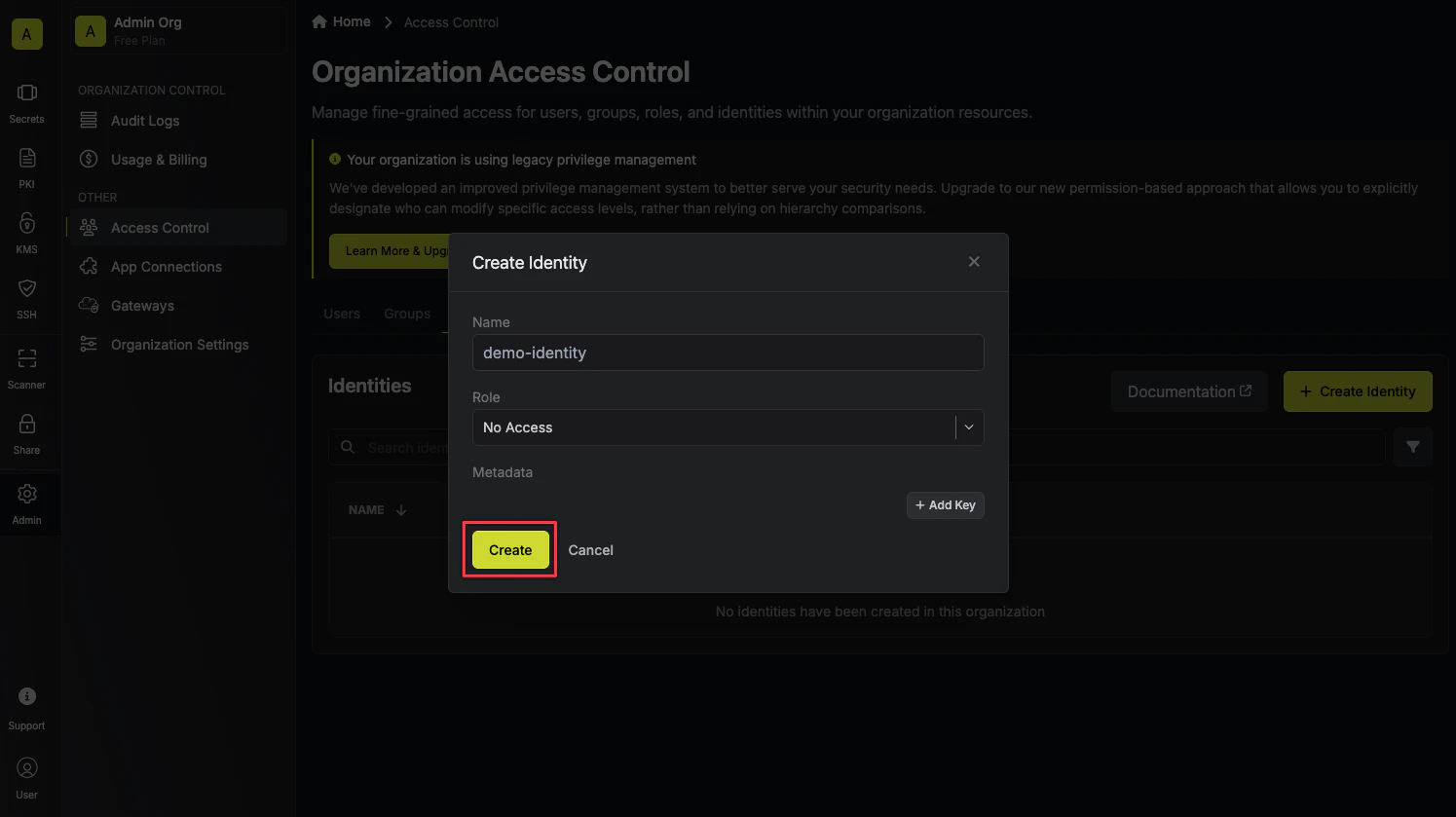 Create identity modal