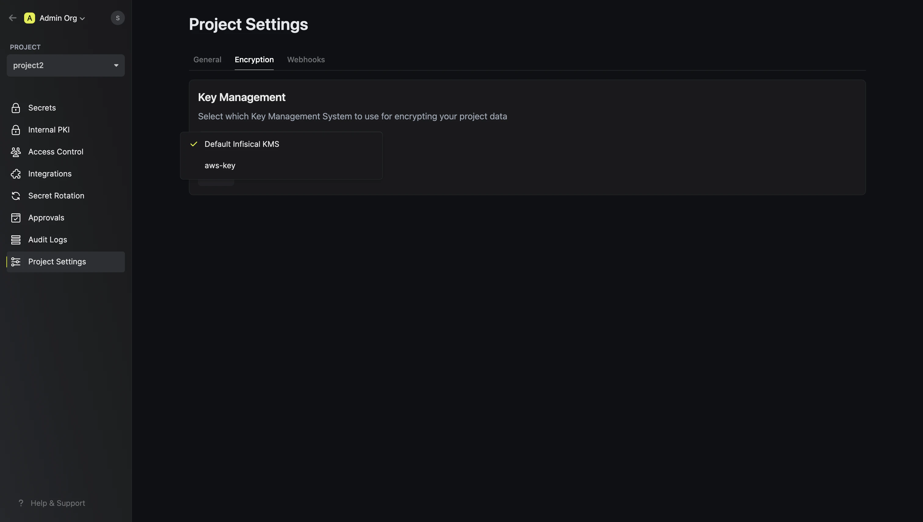 Select encryption project
settings