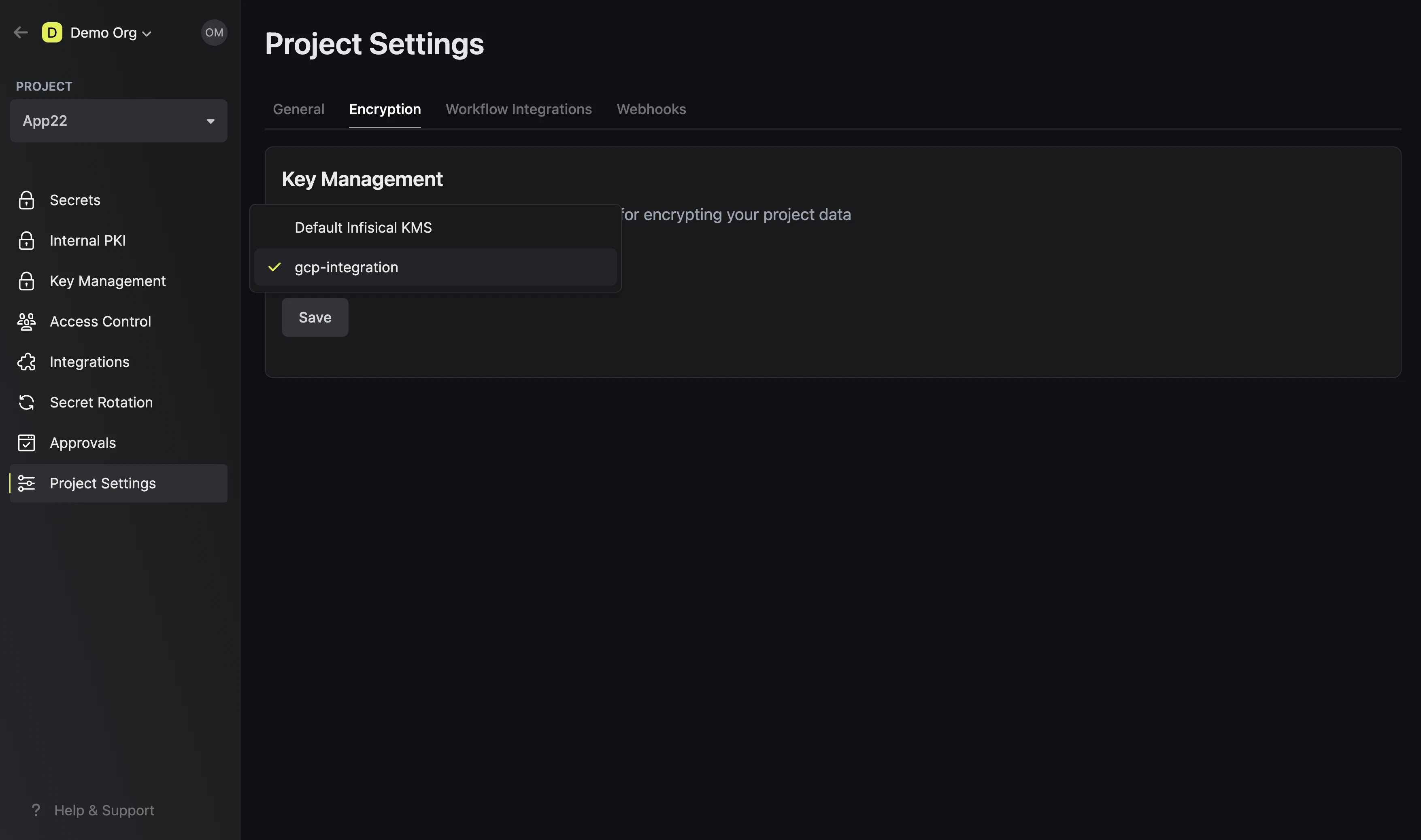 Select encryption project
settings