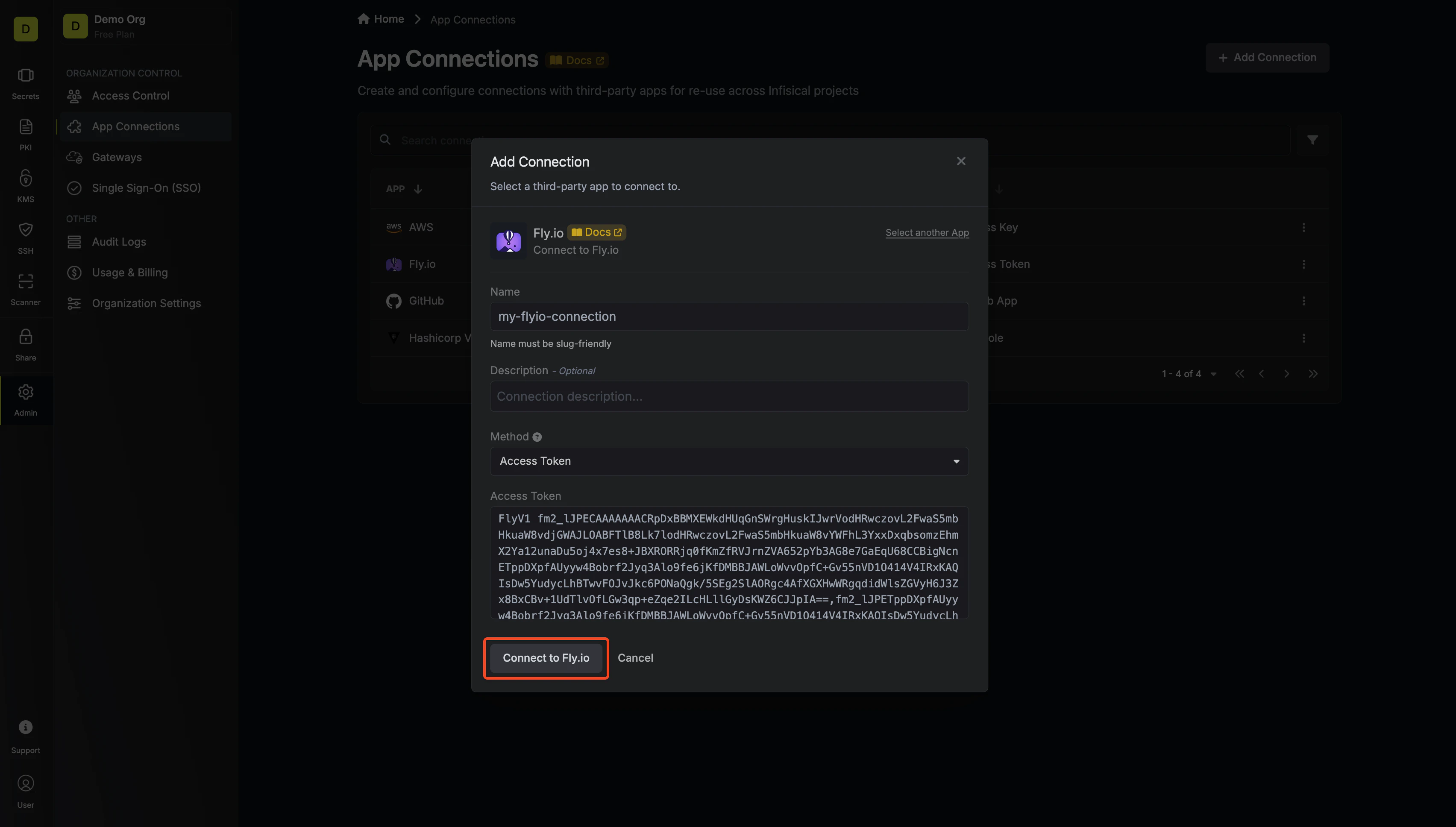 Fly.io Connection Modal