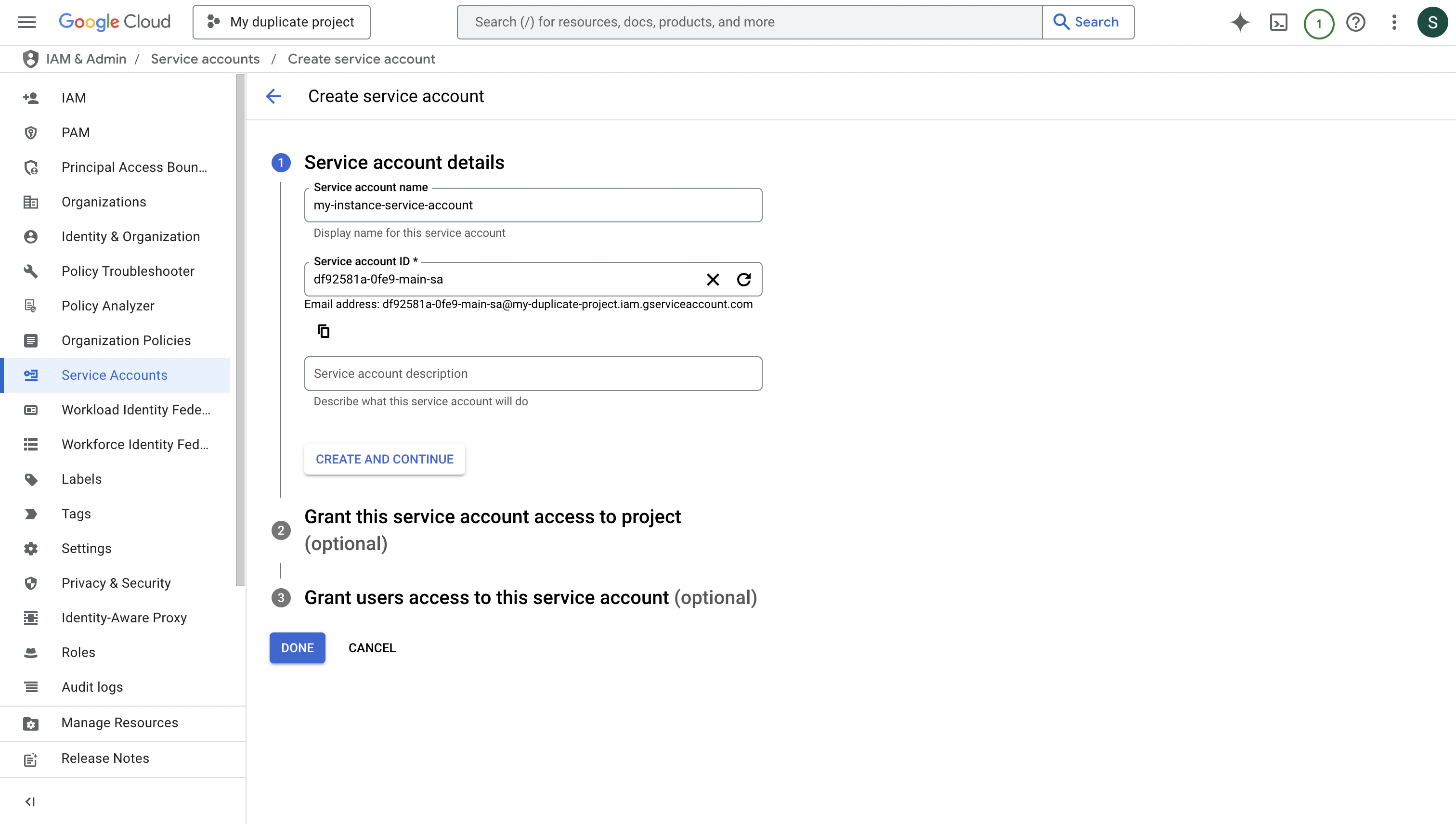 Create Service Account Page