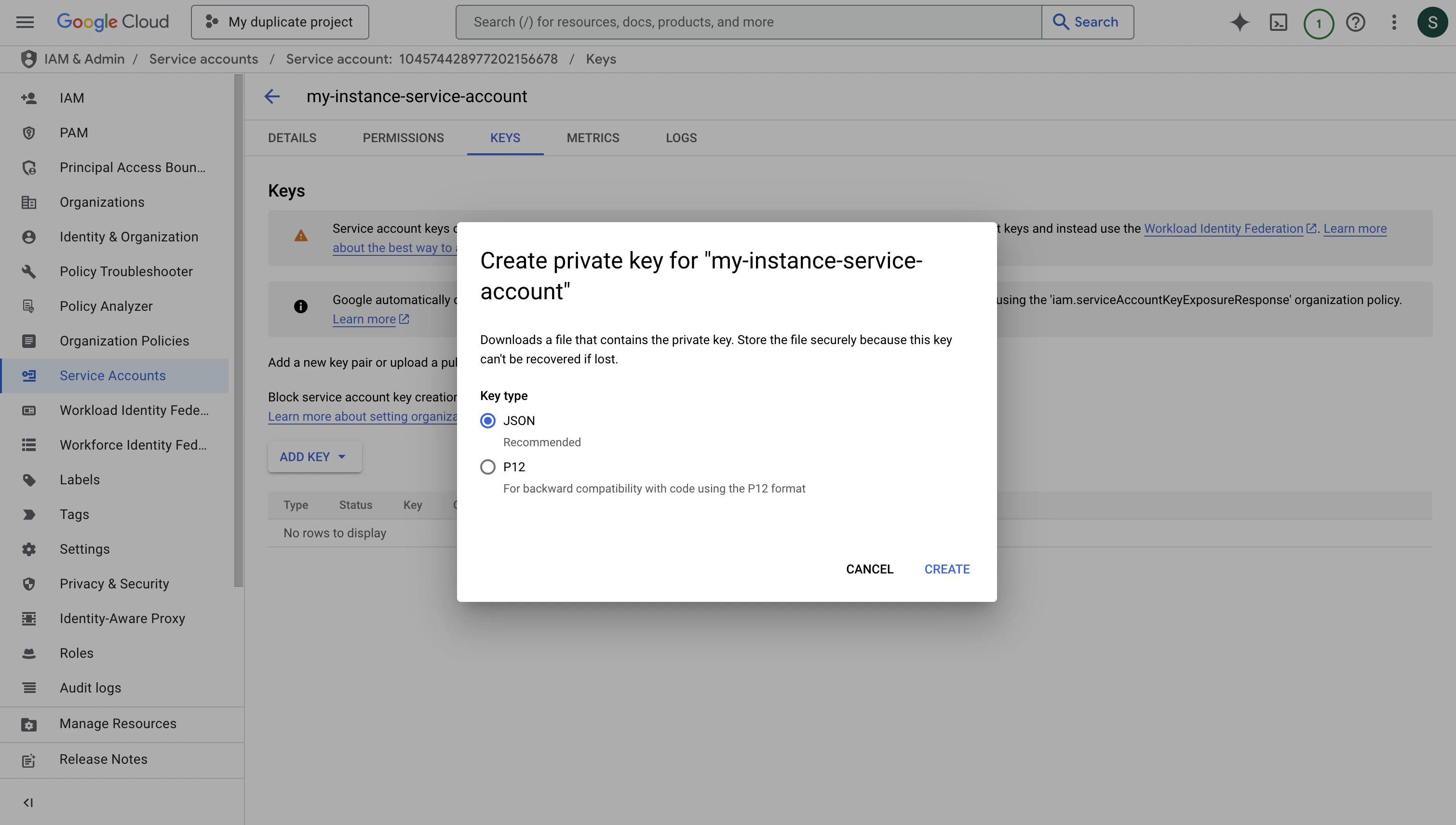 Service Account Credential Page