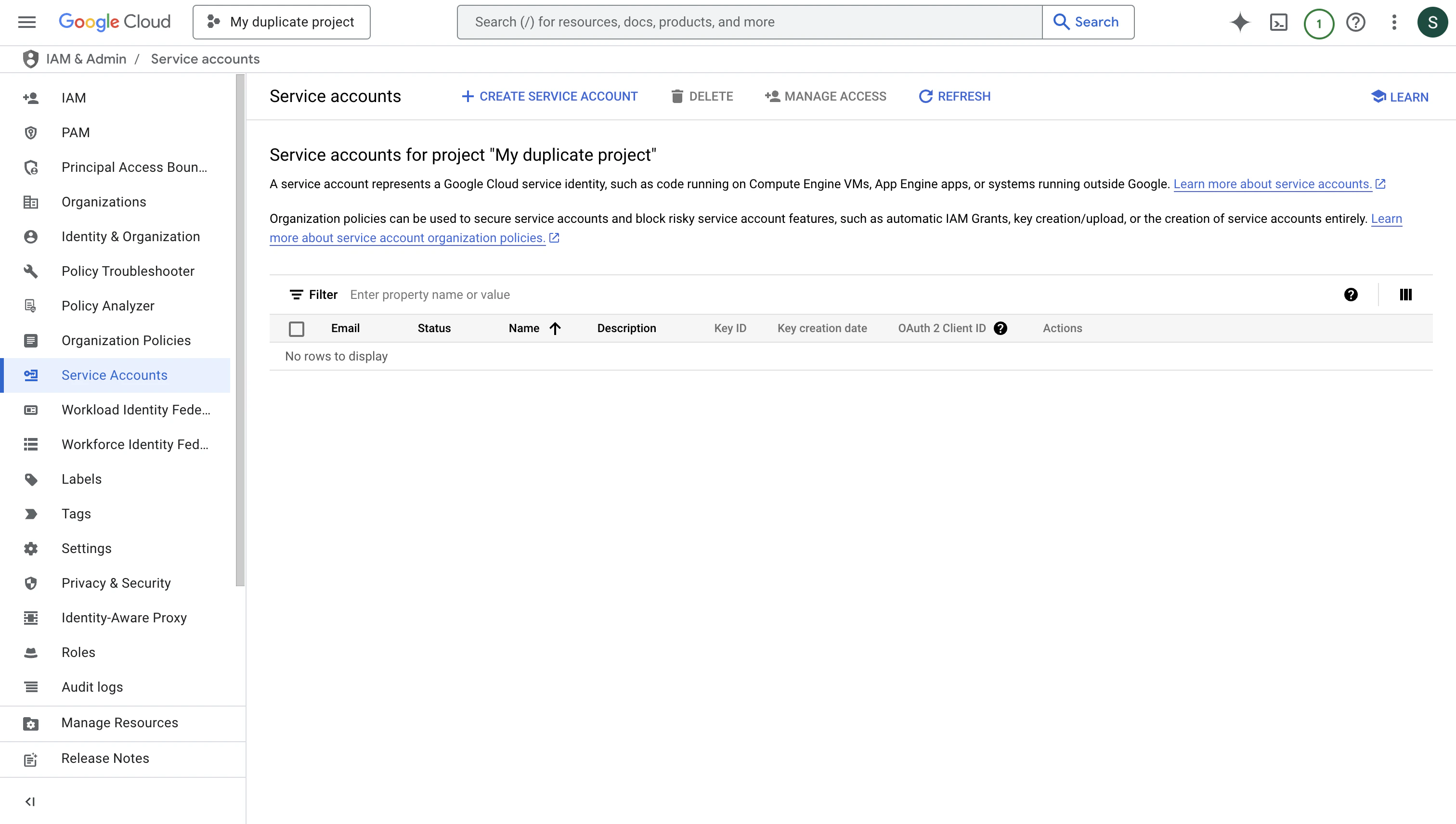 Service Account IAM Page