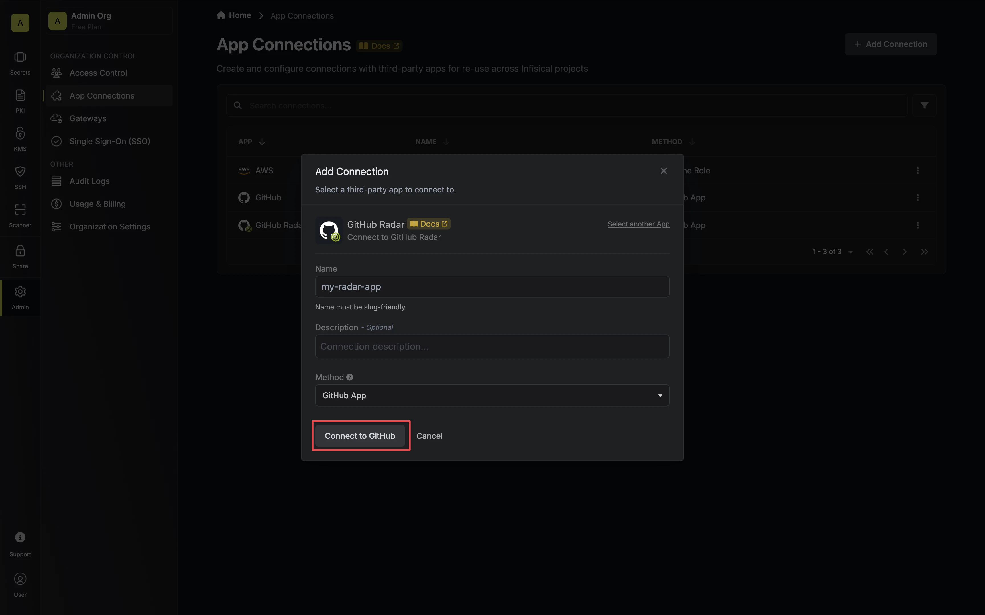 Connect via GitHub App