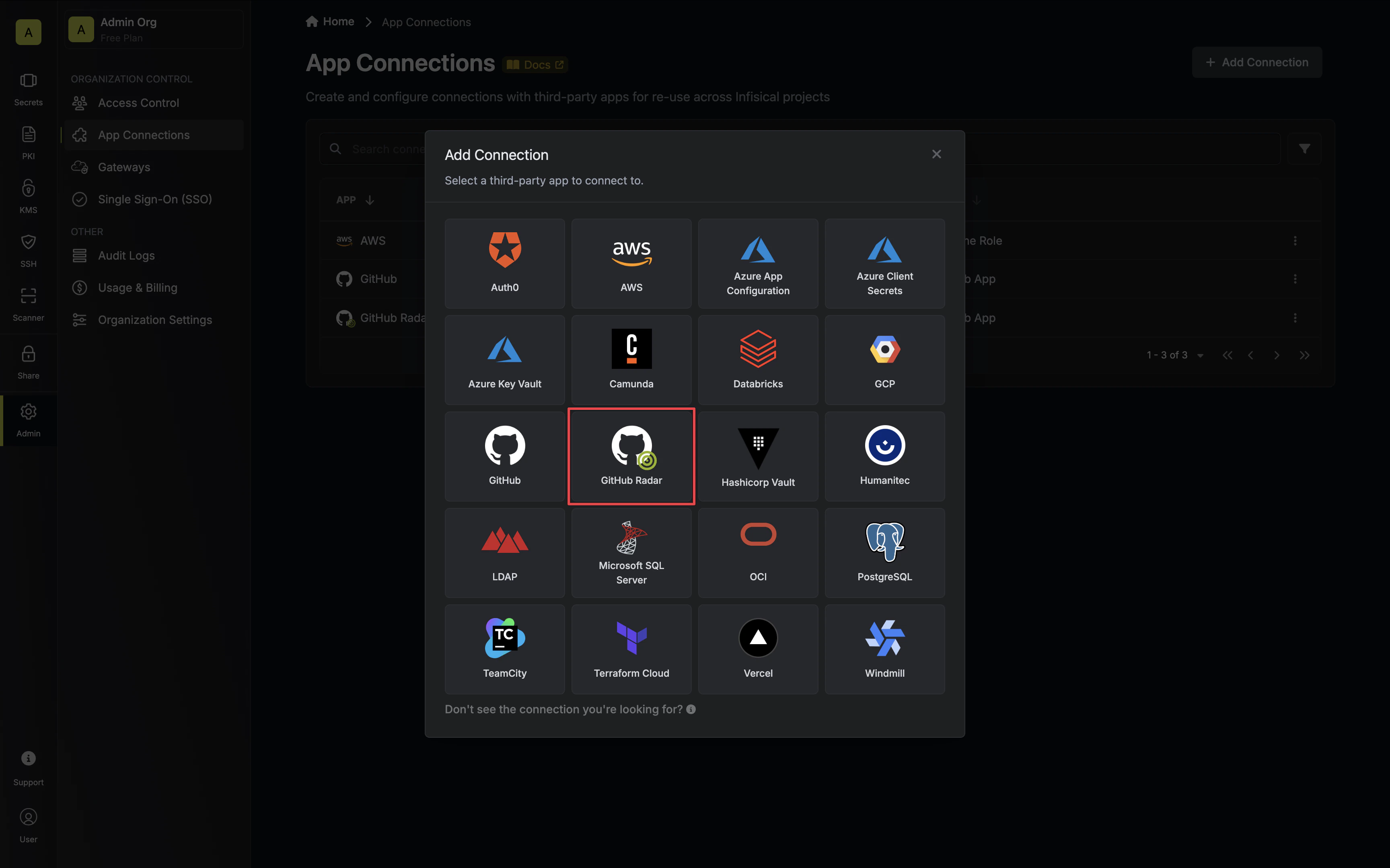Select GitHub Radar Connection