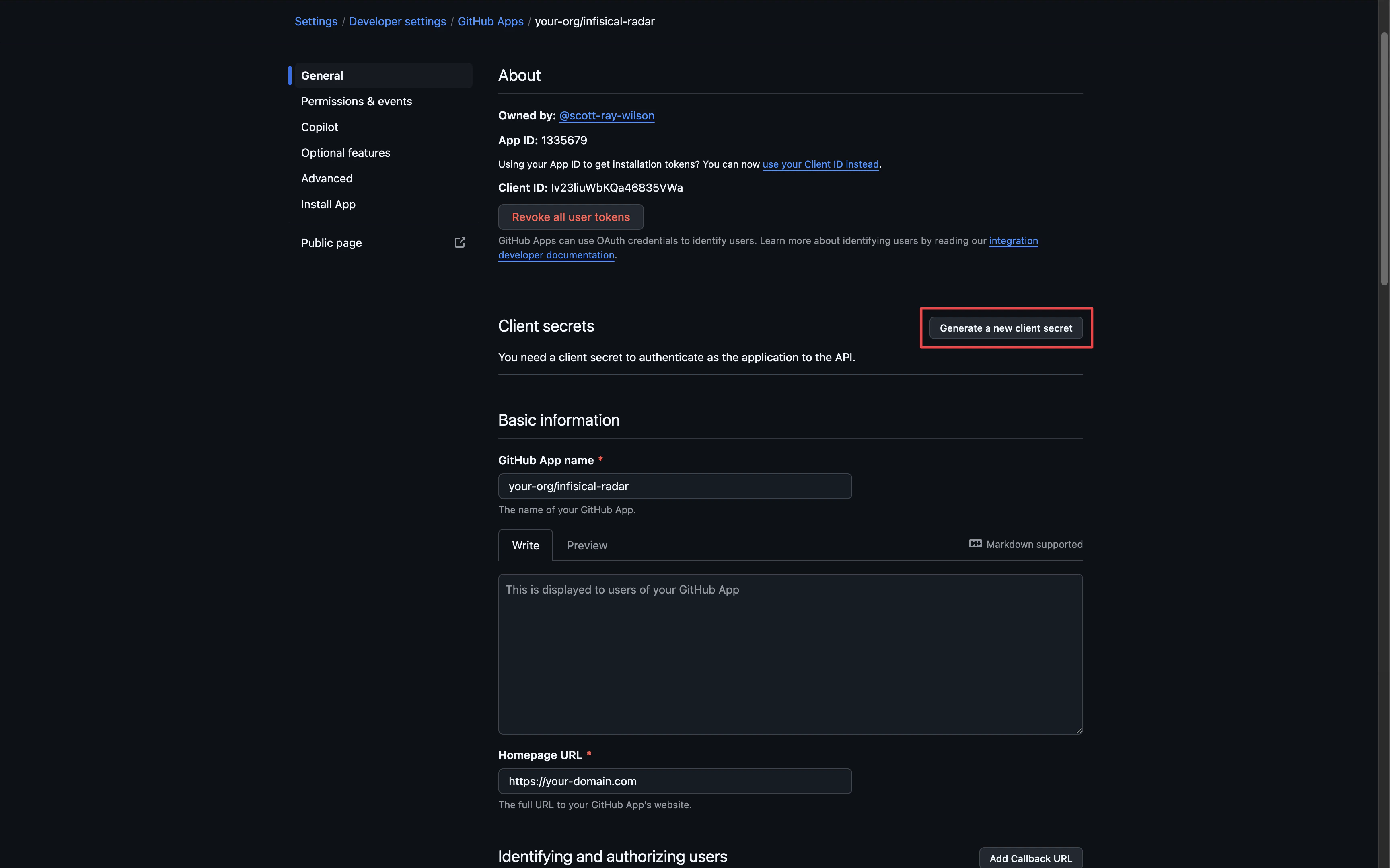 github radar app client secret