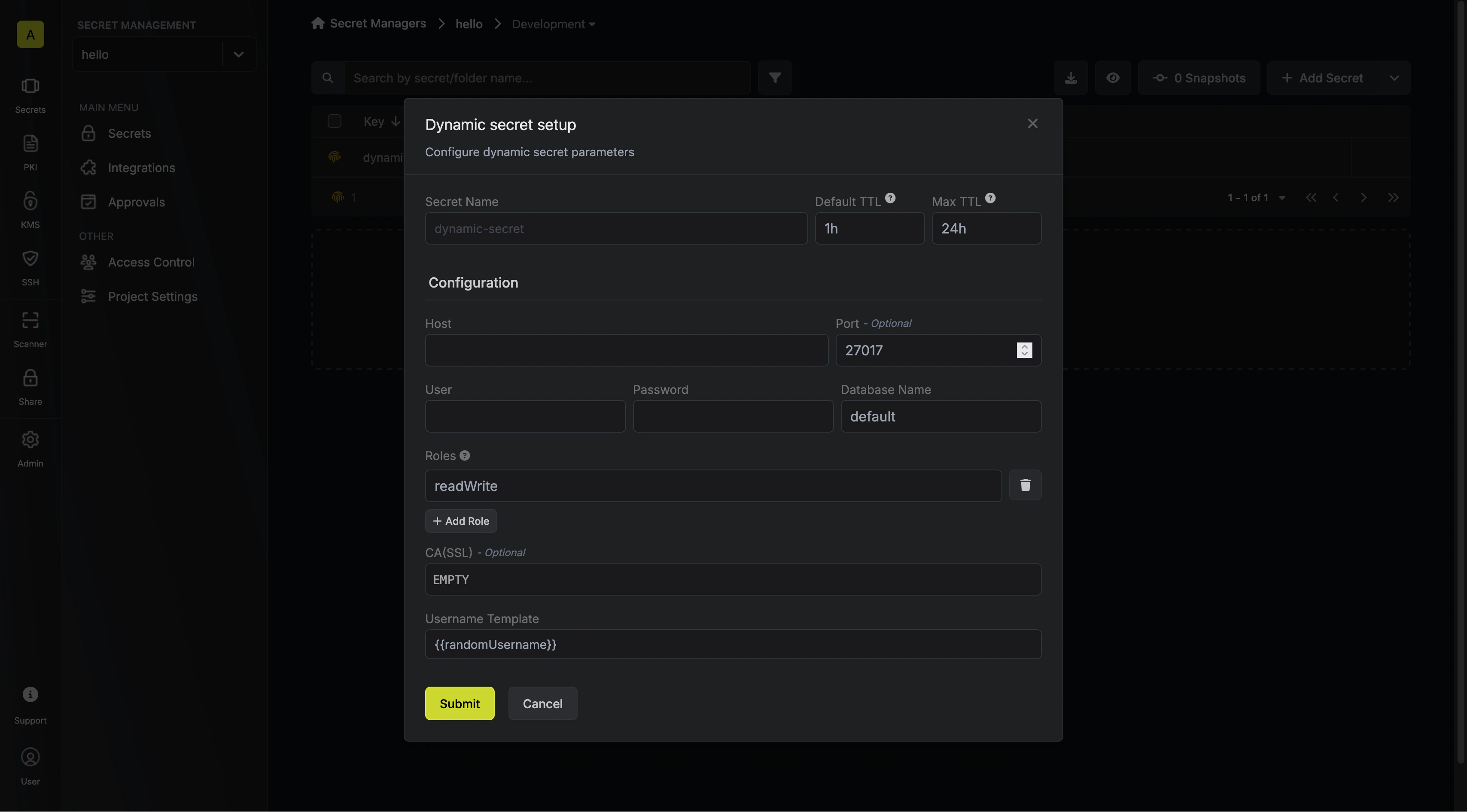 Dynamic Secret Setup Modal