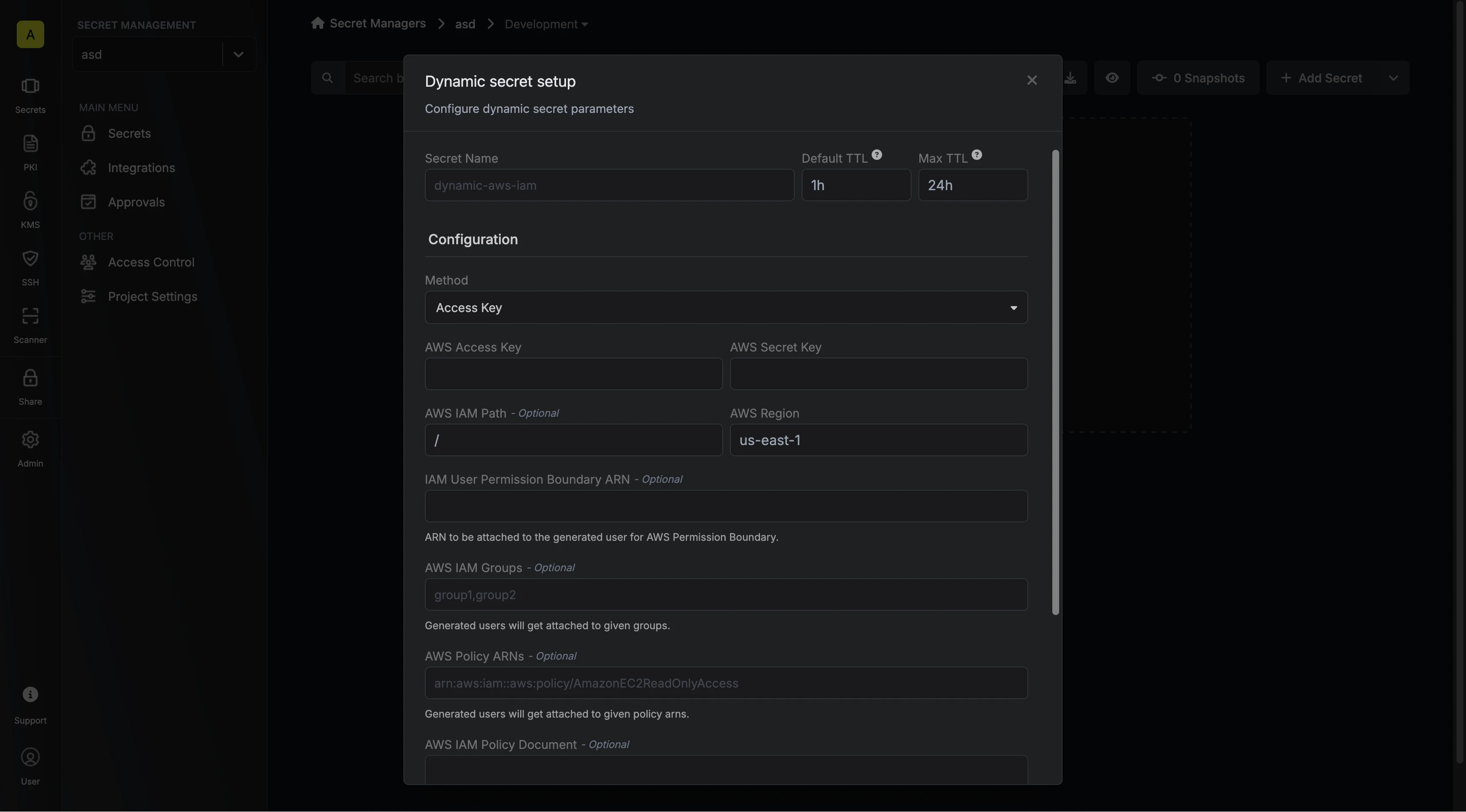Dynamic Secret Setup Modal