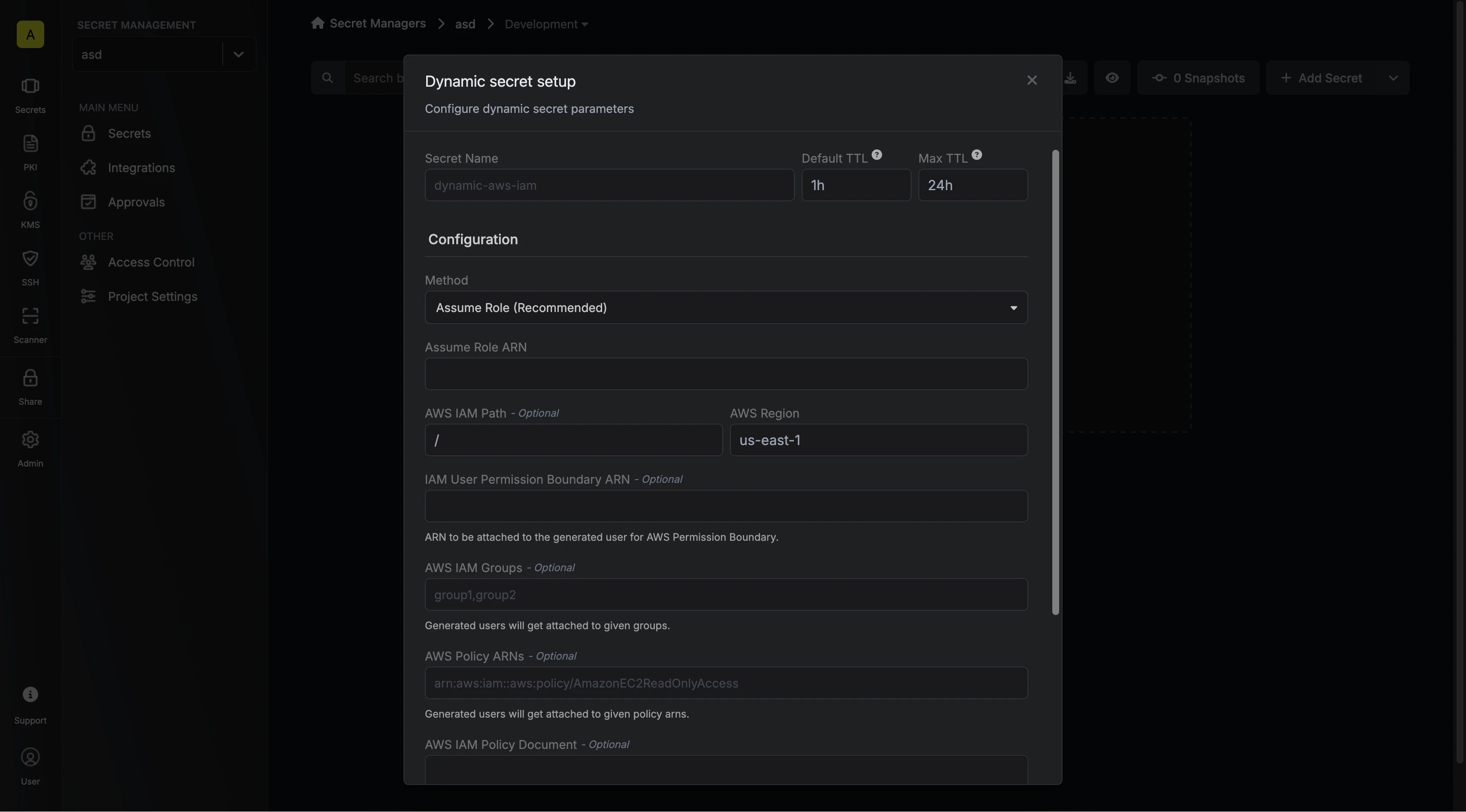 Dynamic Secret Setup Modal