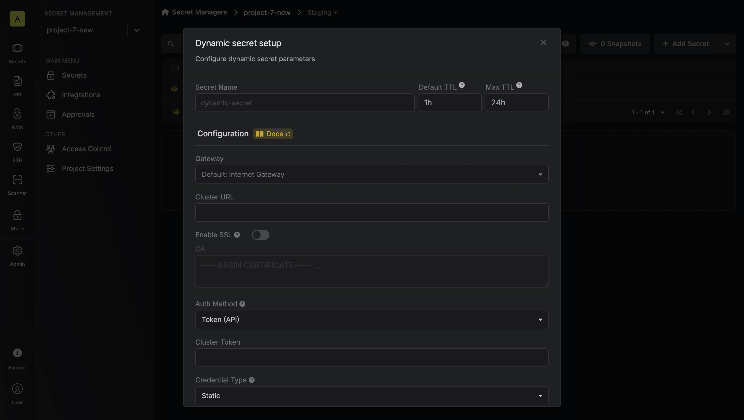 Dynamic Secret Setup Modal