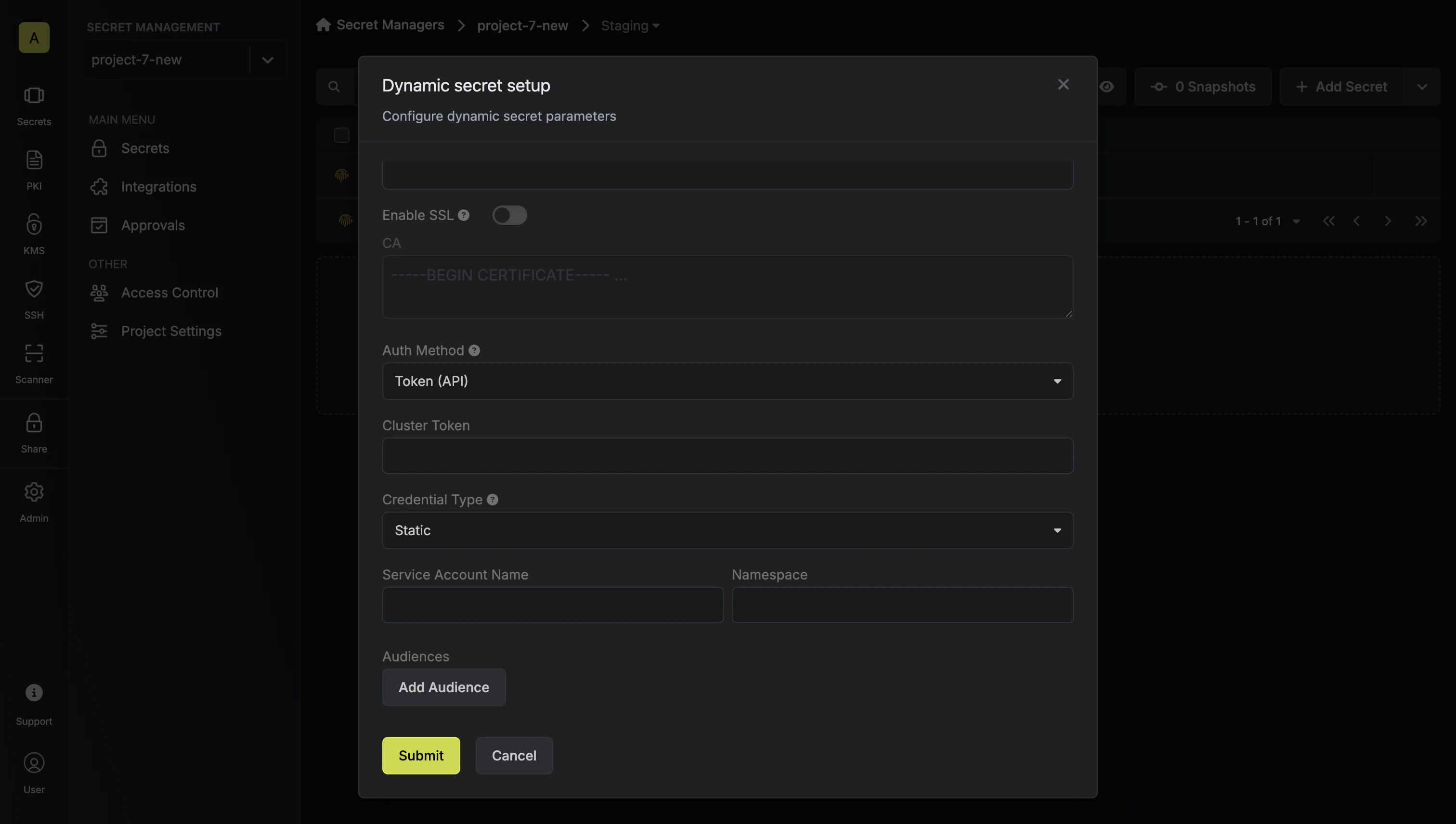 Dynamic Secret Setup Modal
