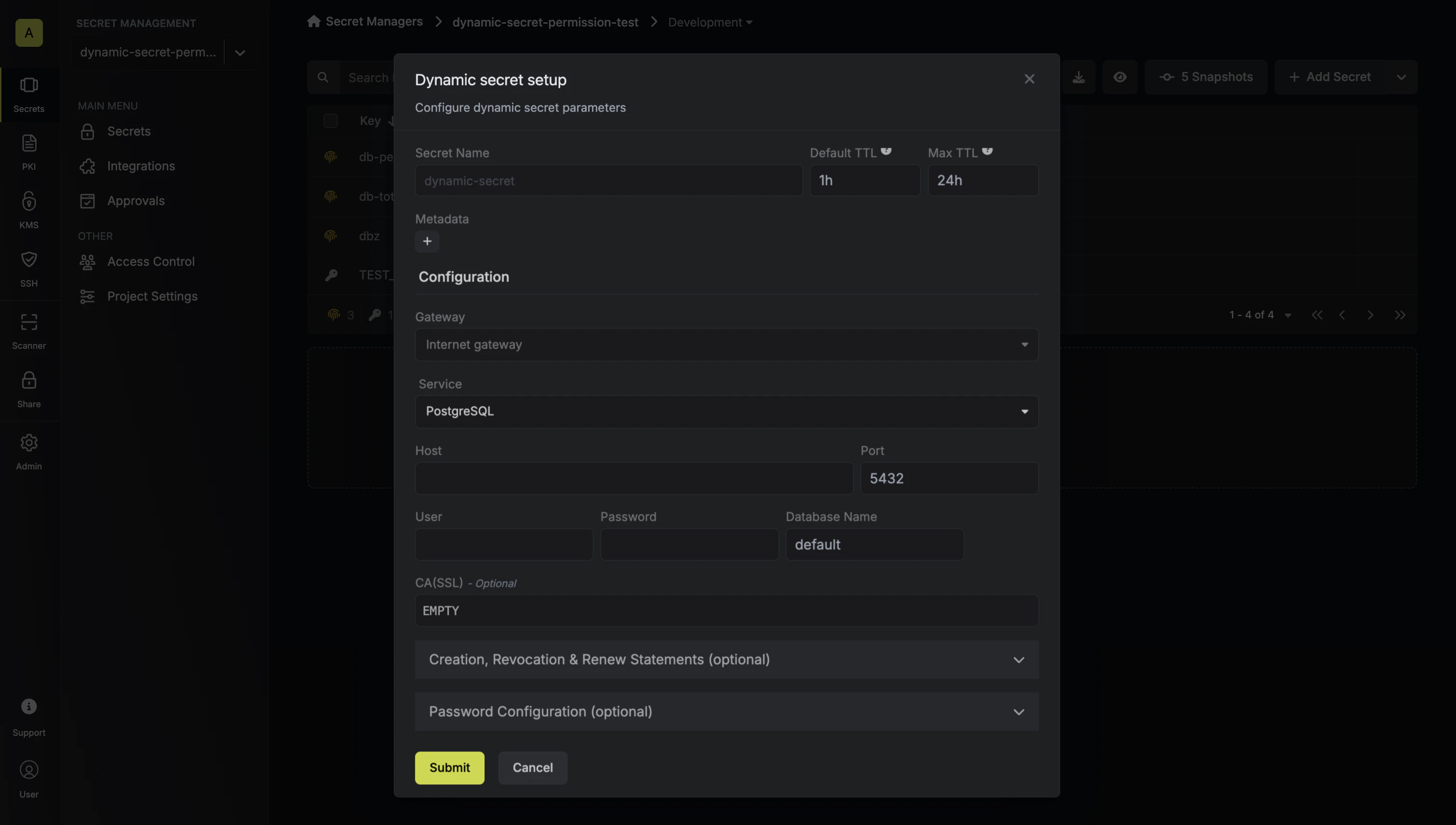 Dynamic Secret Setup Modal