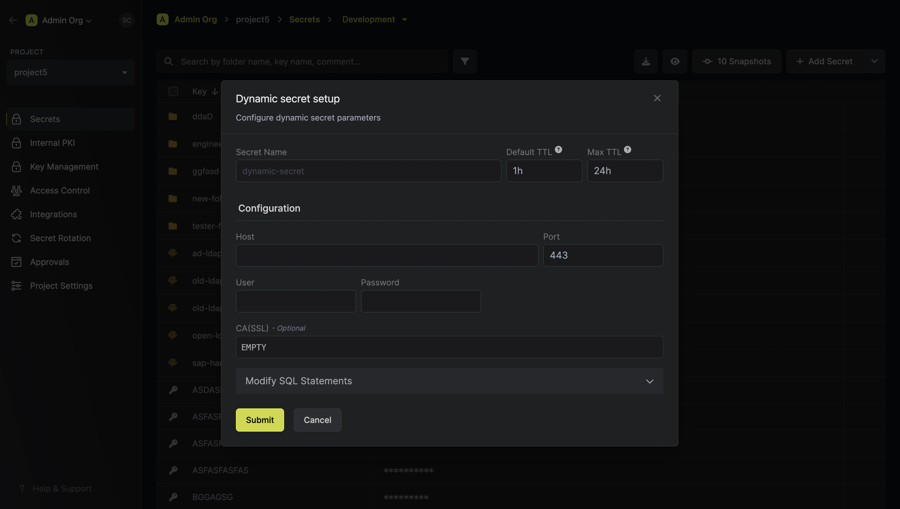 Dynamic Secret Setup Modal