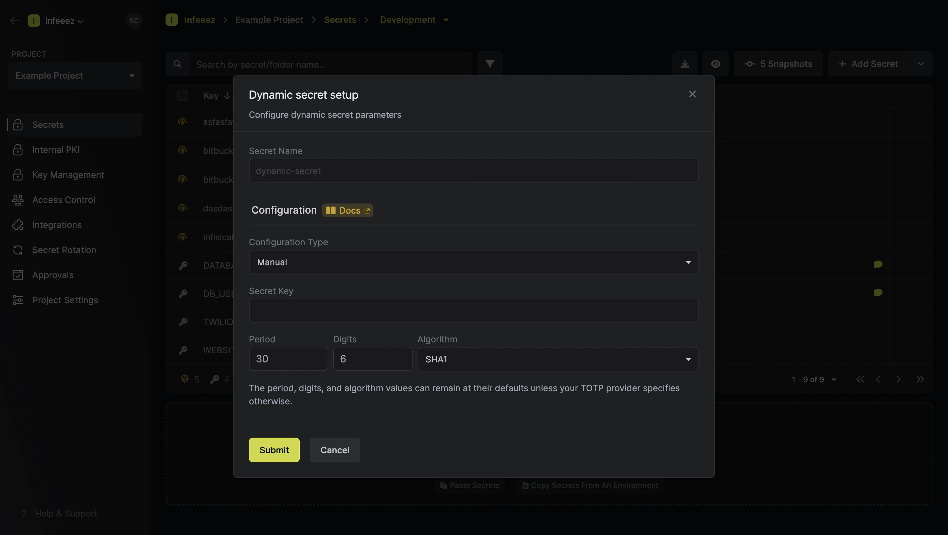 Dynamic Secret Setup Modal