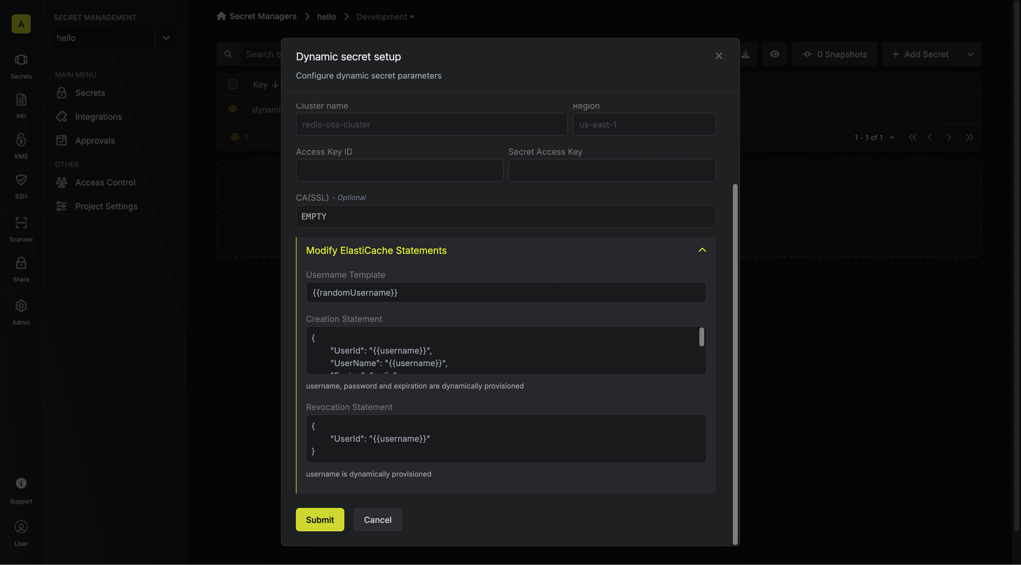 Modify ElastiCache Statements Modal