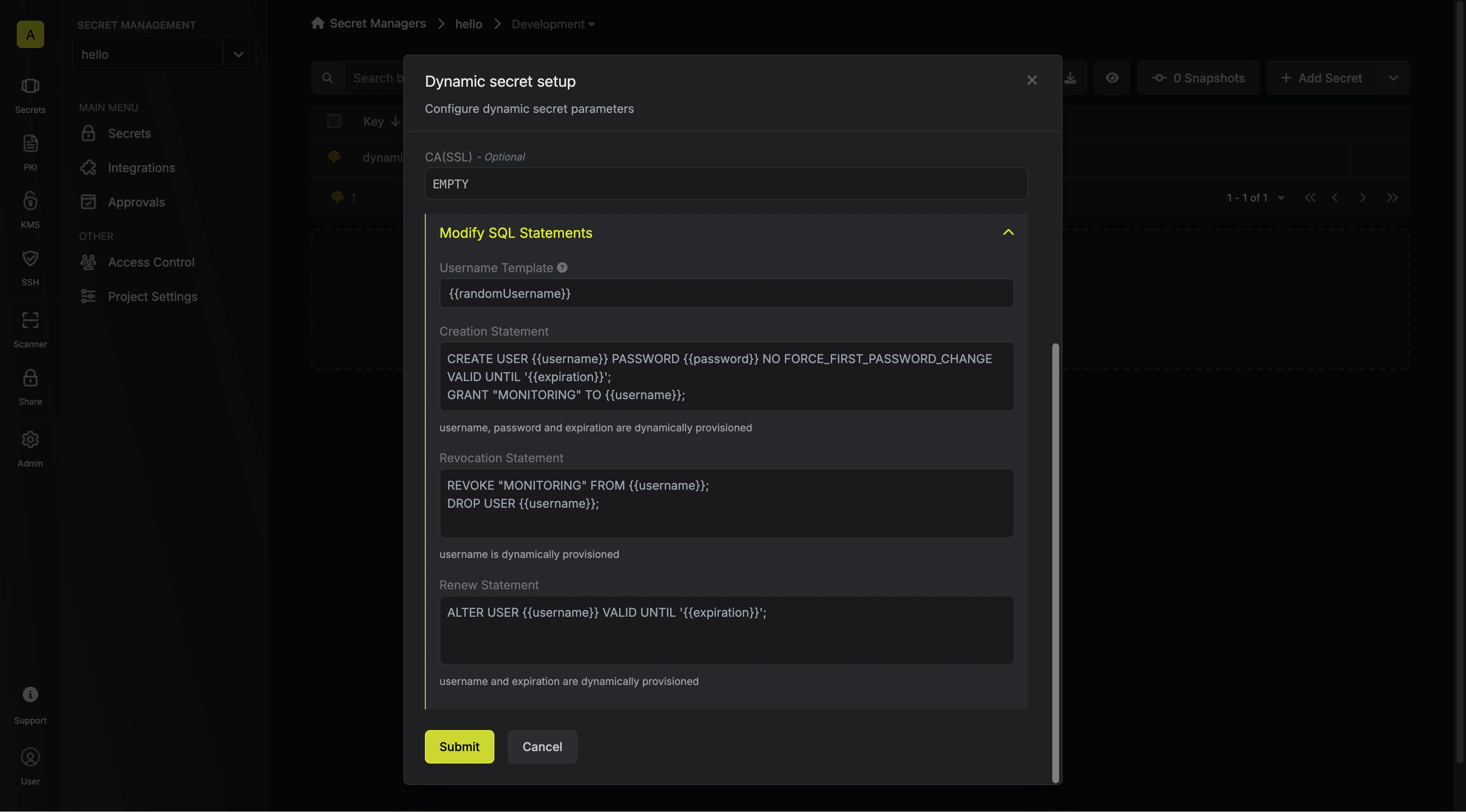 Modify SQL Statements Modal