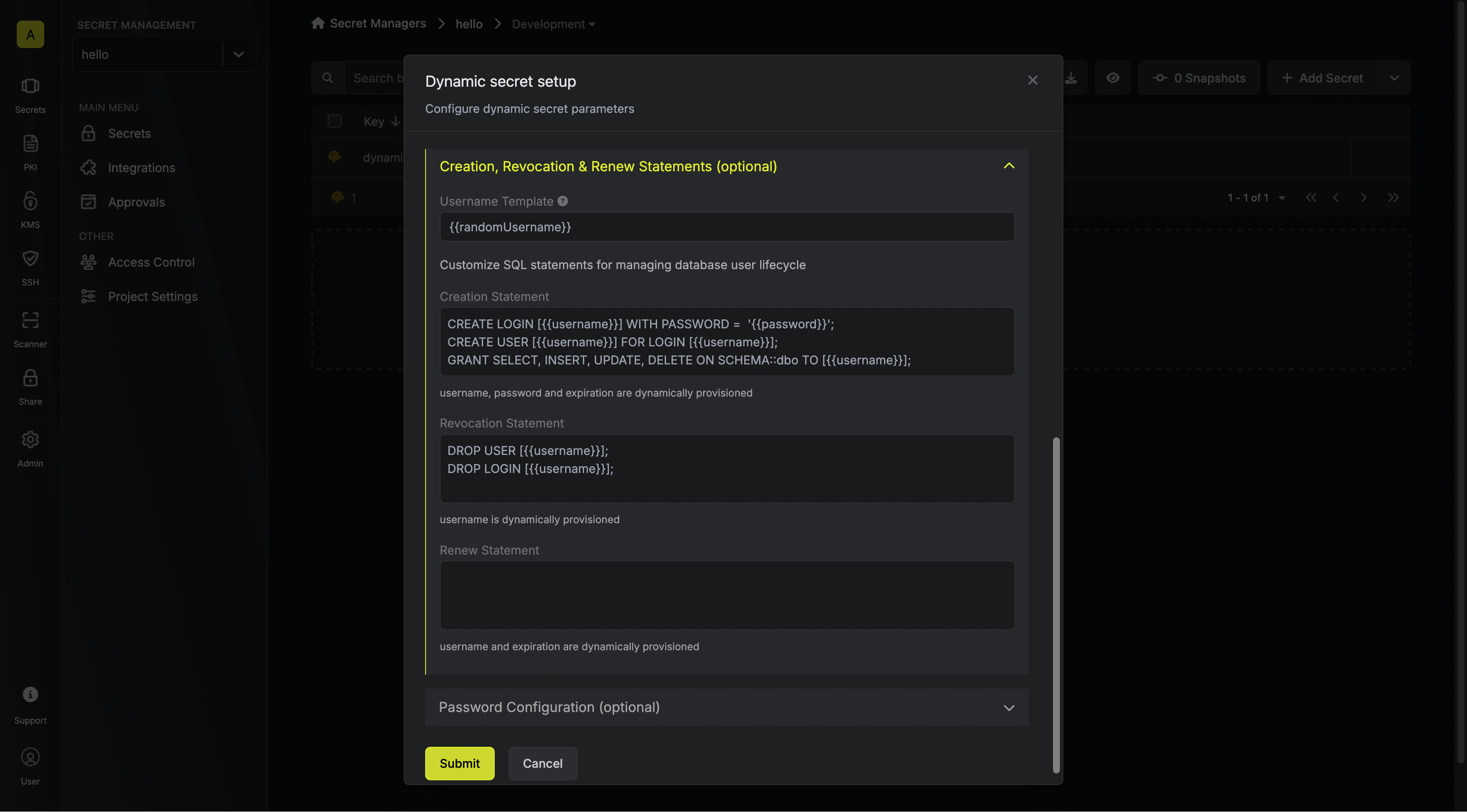 Modify SQL Statements Modal