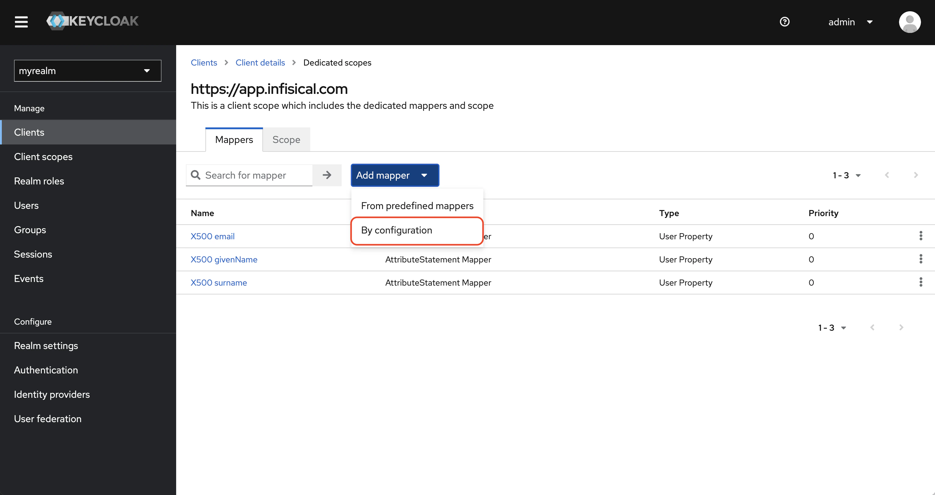 SAML keycloak client mappers by configuration