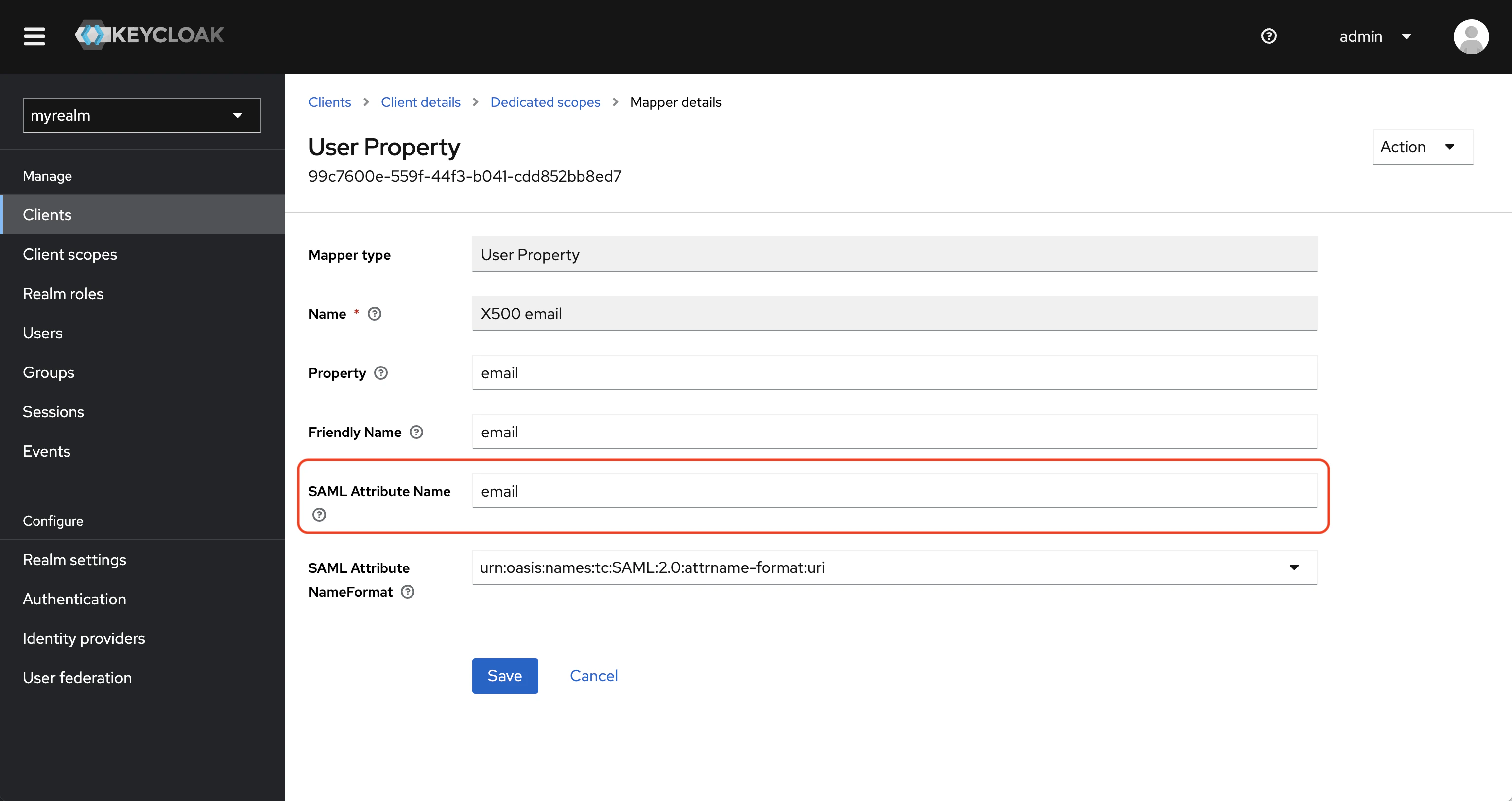 SAML keycloak client mappers email