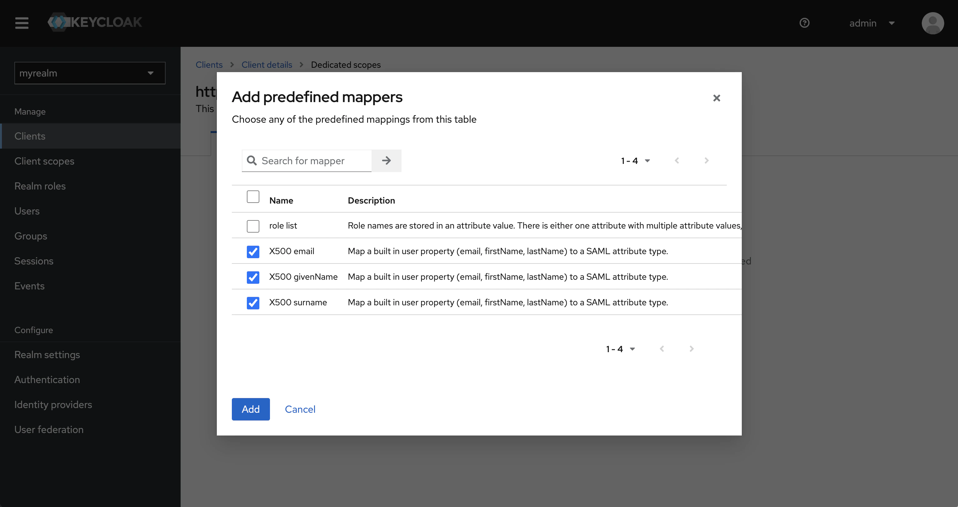 SAML keycloak client mappers predefined
