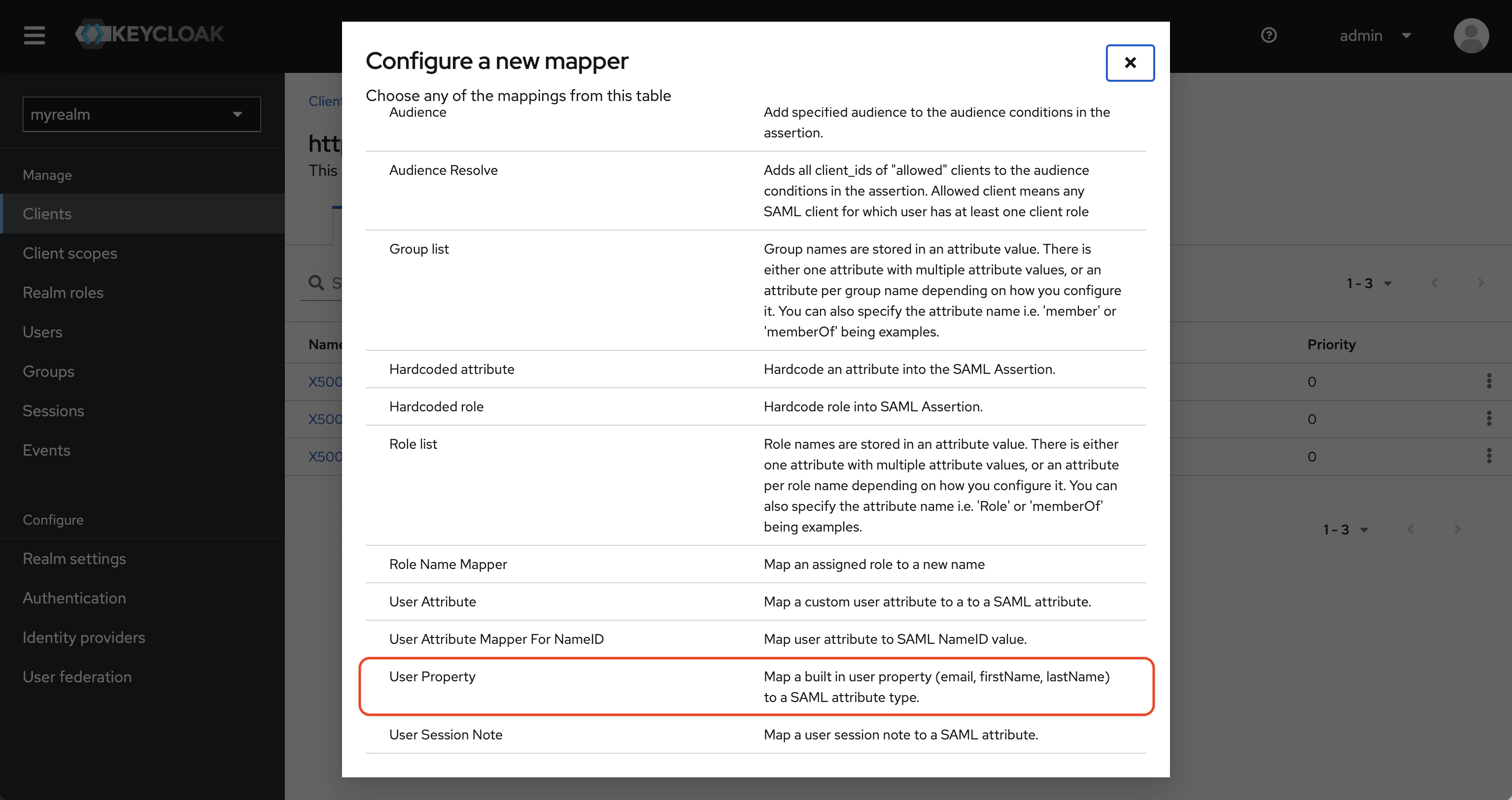 SAML keycloak client mappers user property