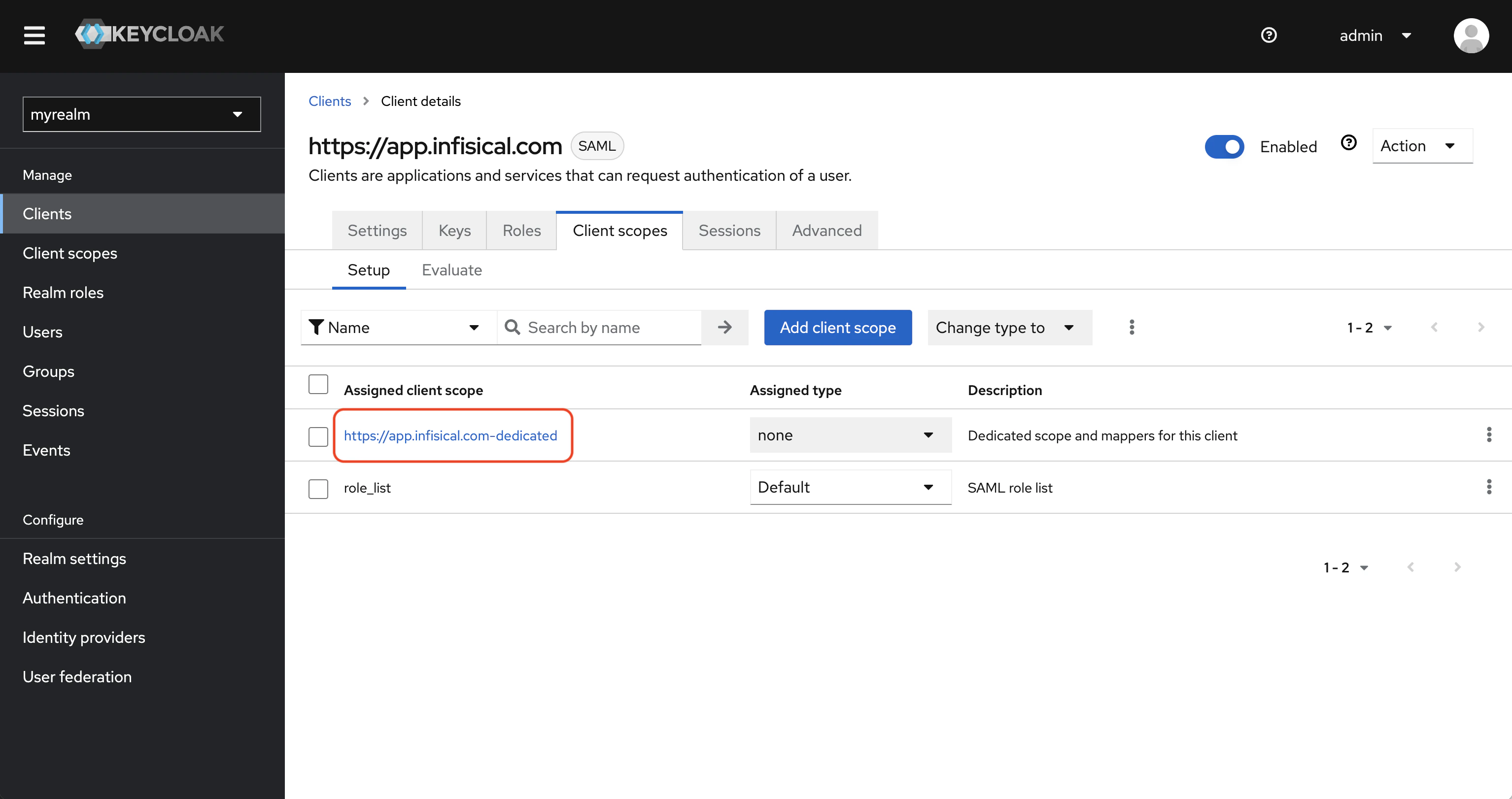 SAML keycloak client scopes list