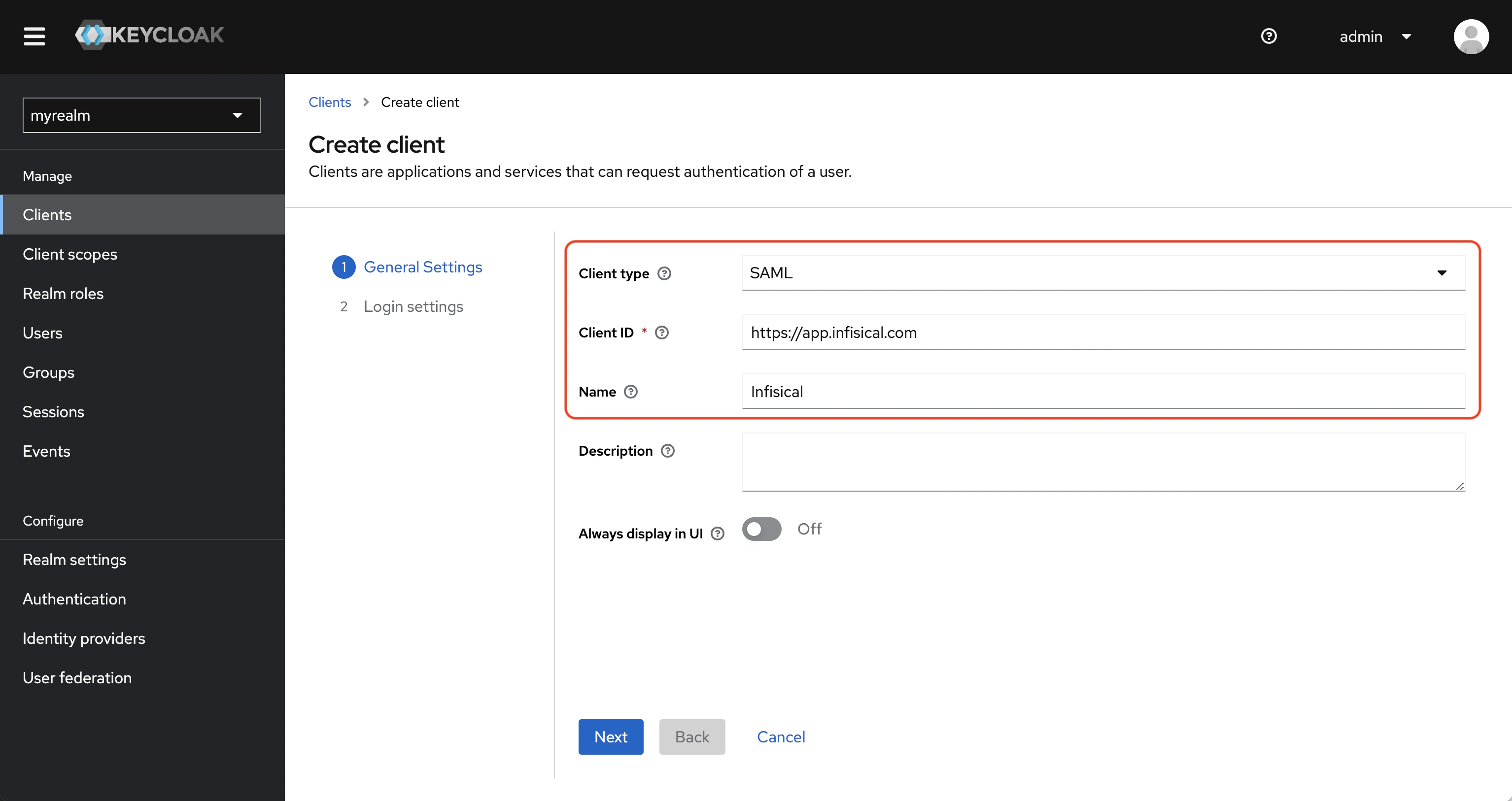 SAML keycloak create client general settings