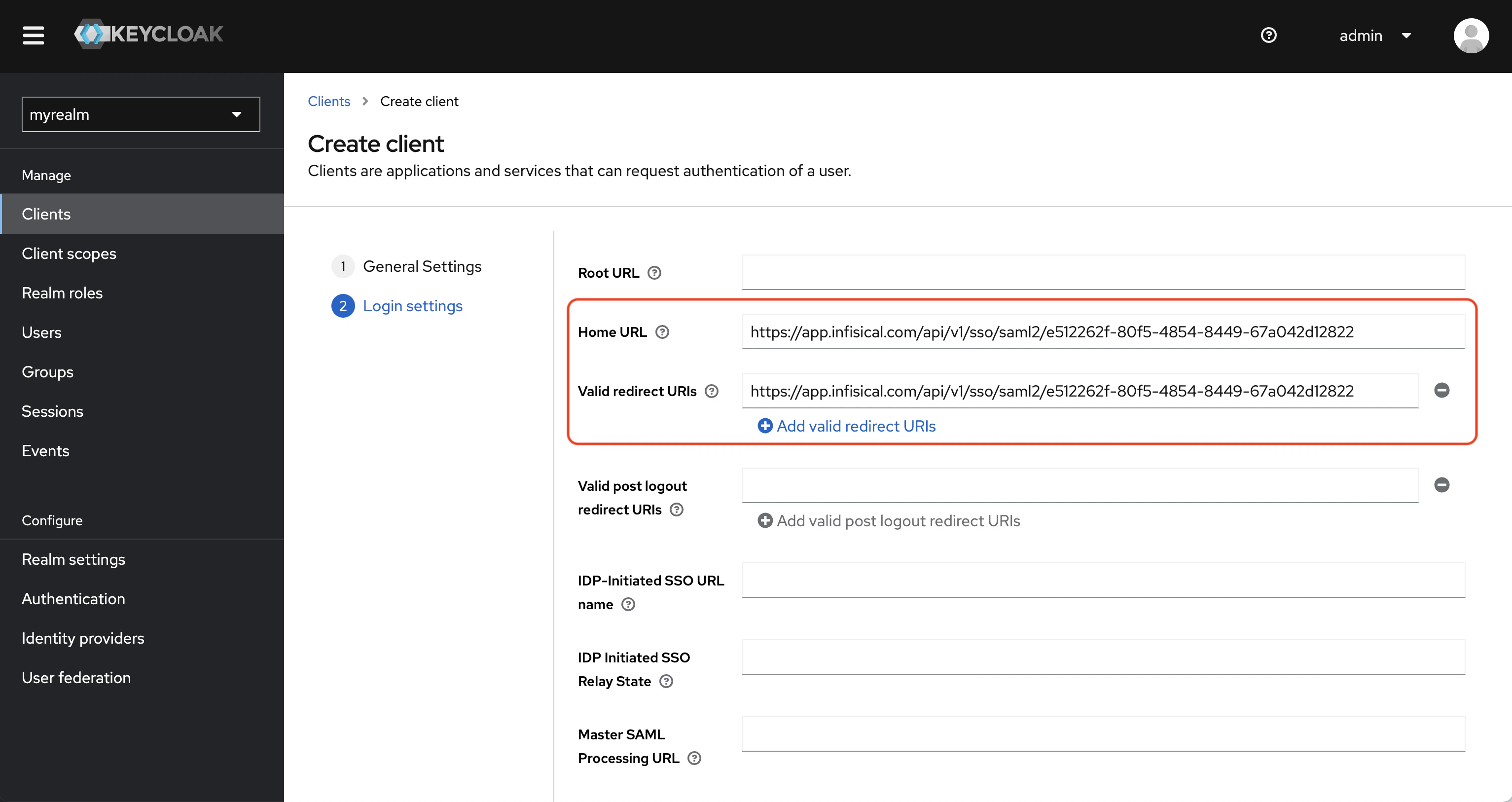 SAML keycloak create client login settings