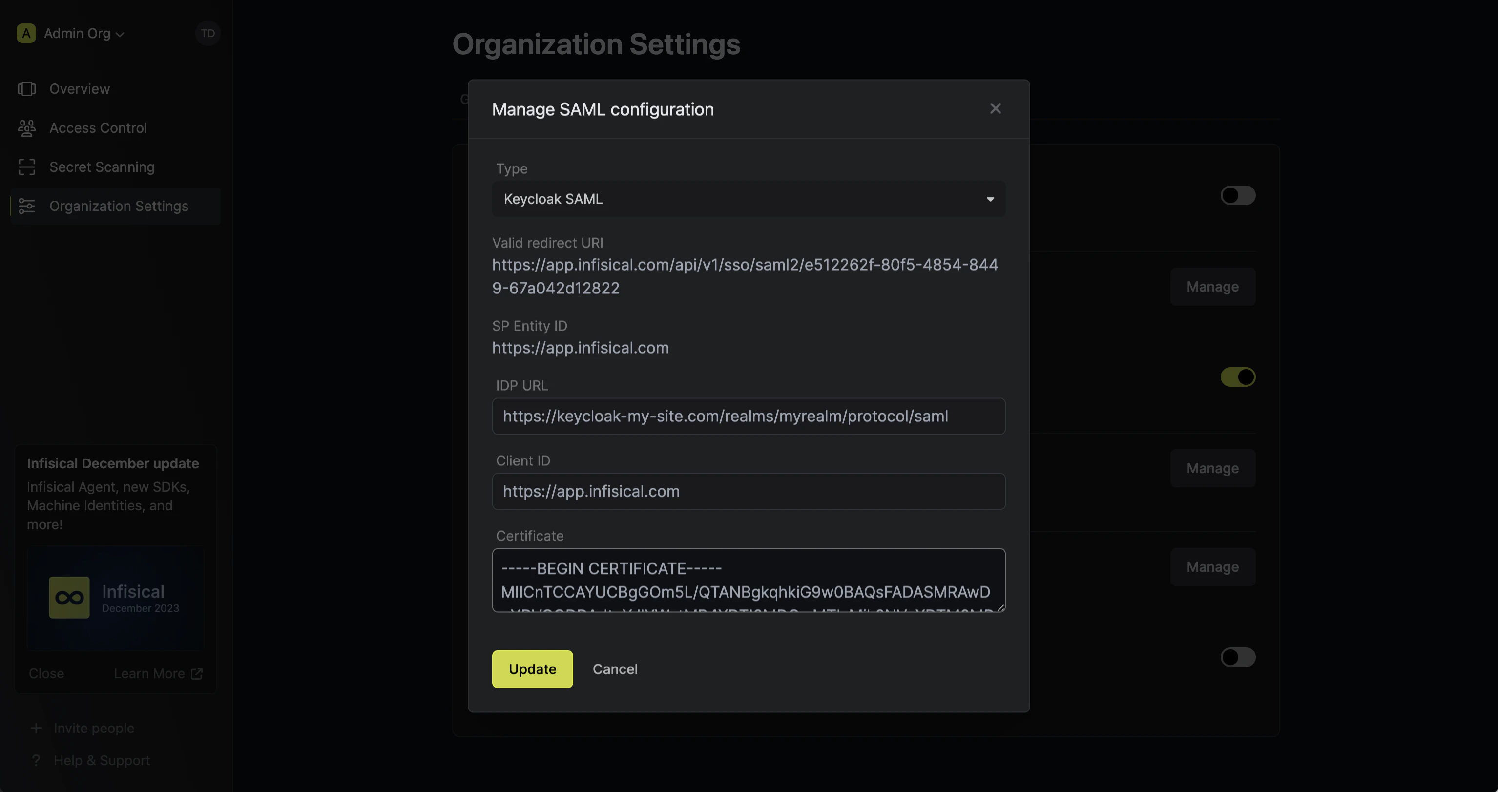 SAML Okta paste values into Infisical