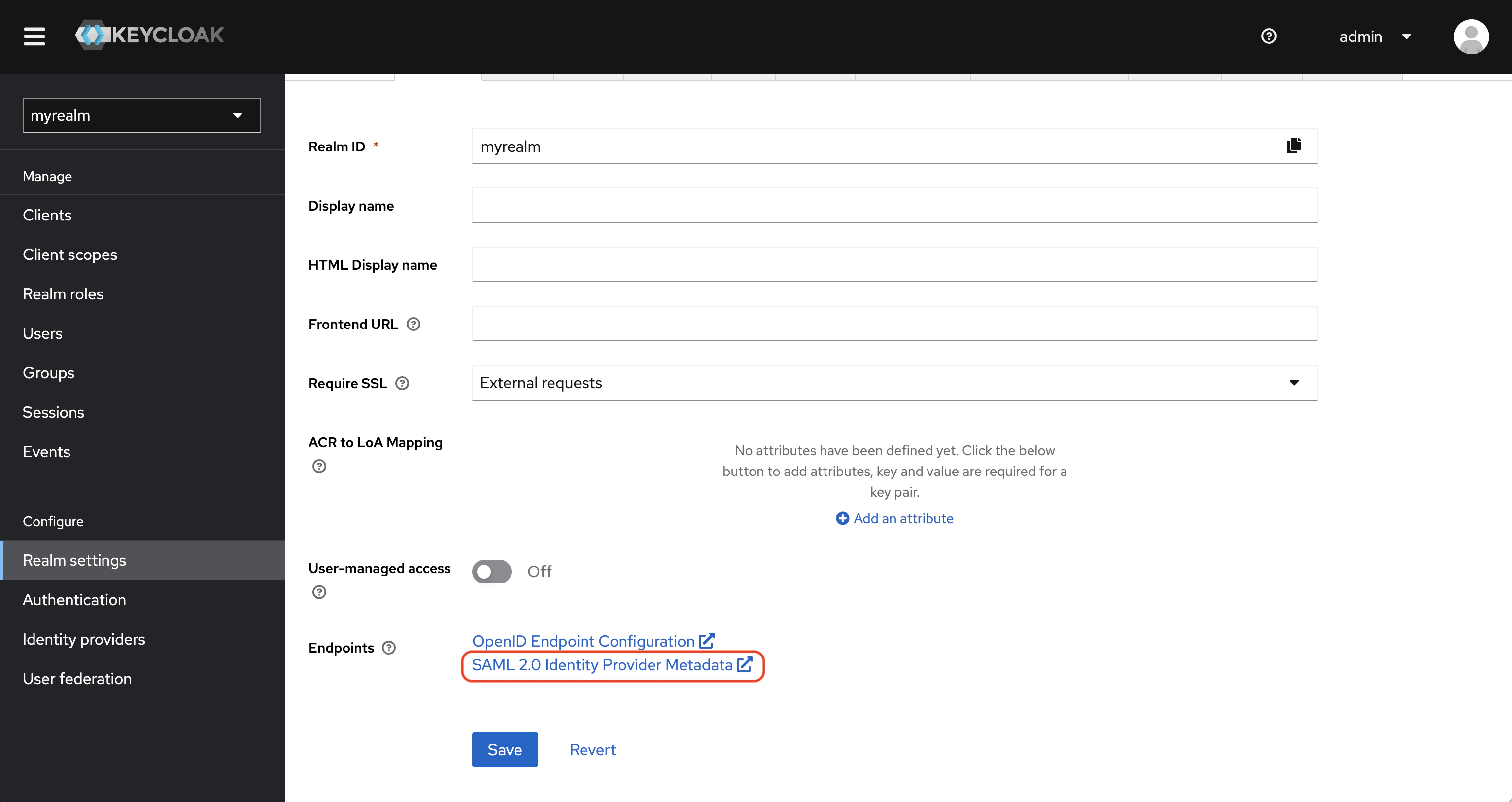 SAML keycloak realm SAML metadata