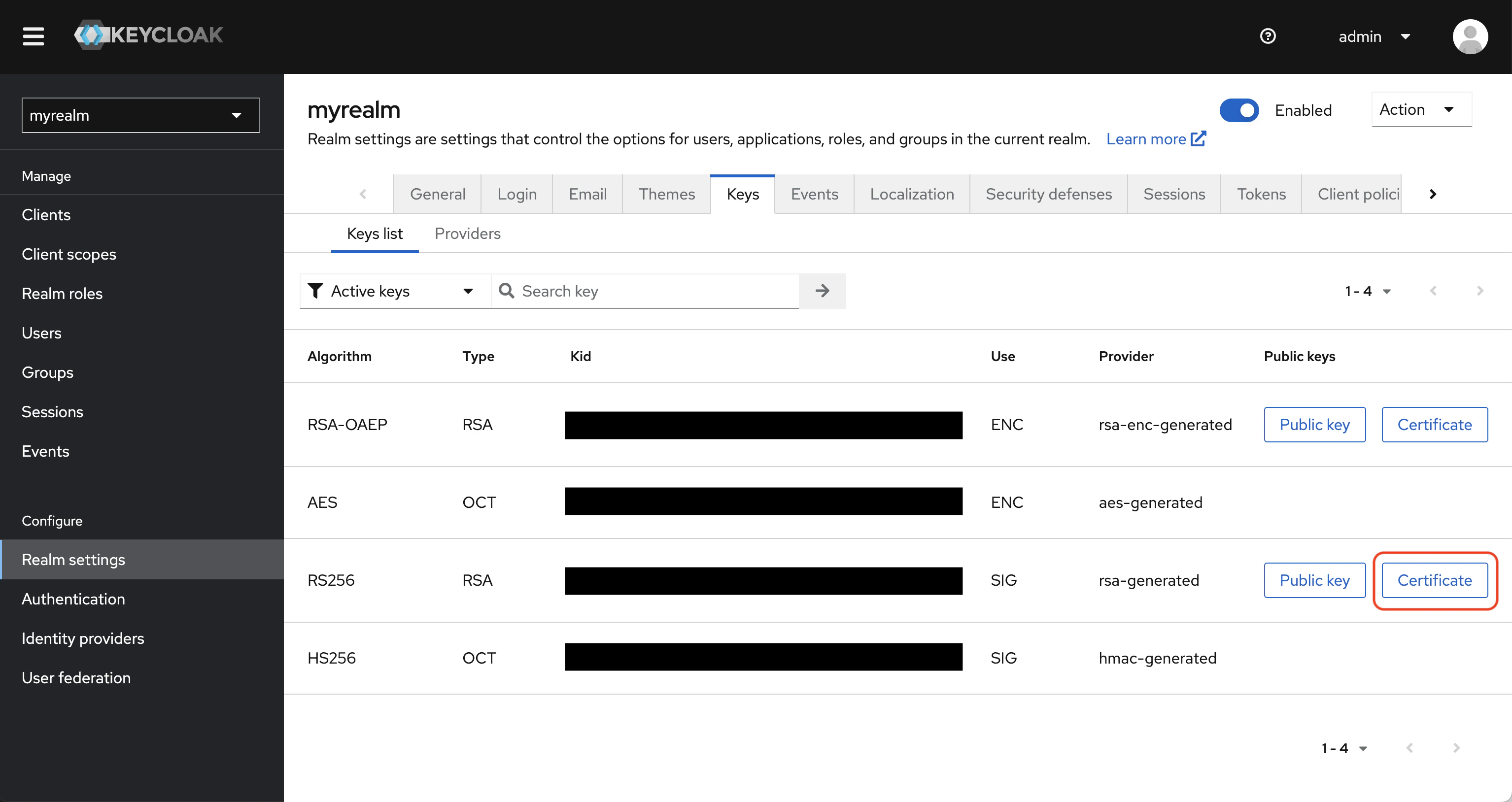 SAML keycloak realm settings keys