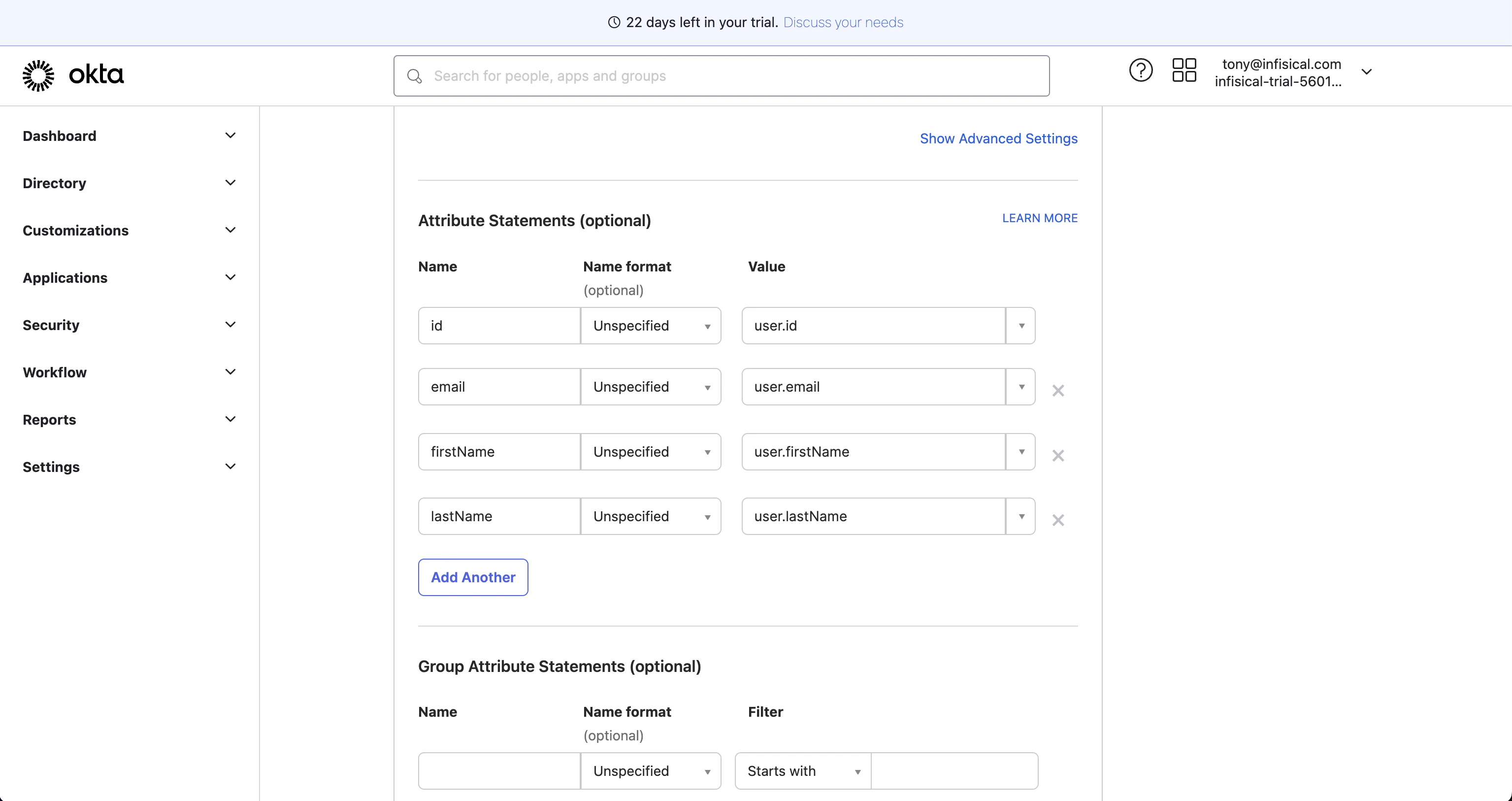 SAML Okta attribute statements