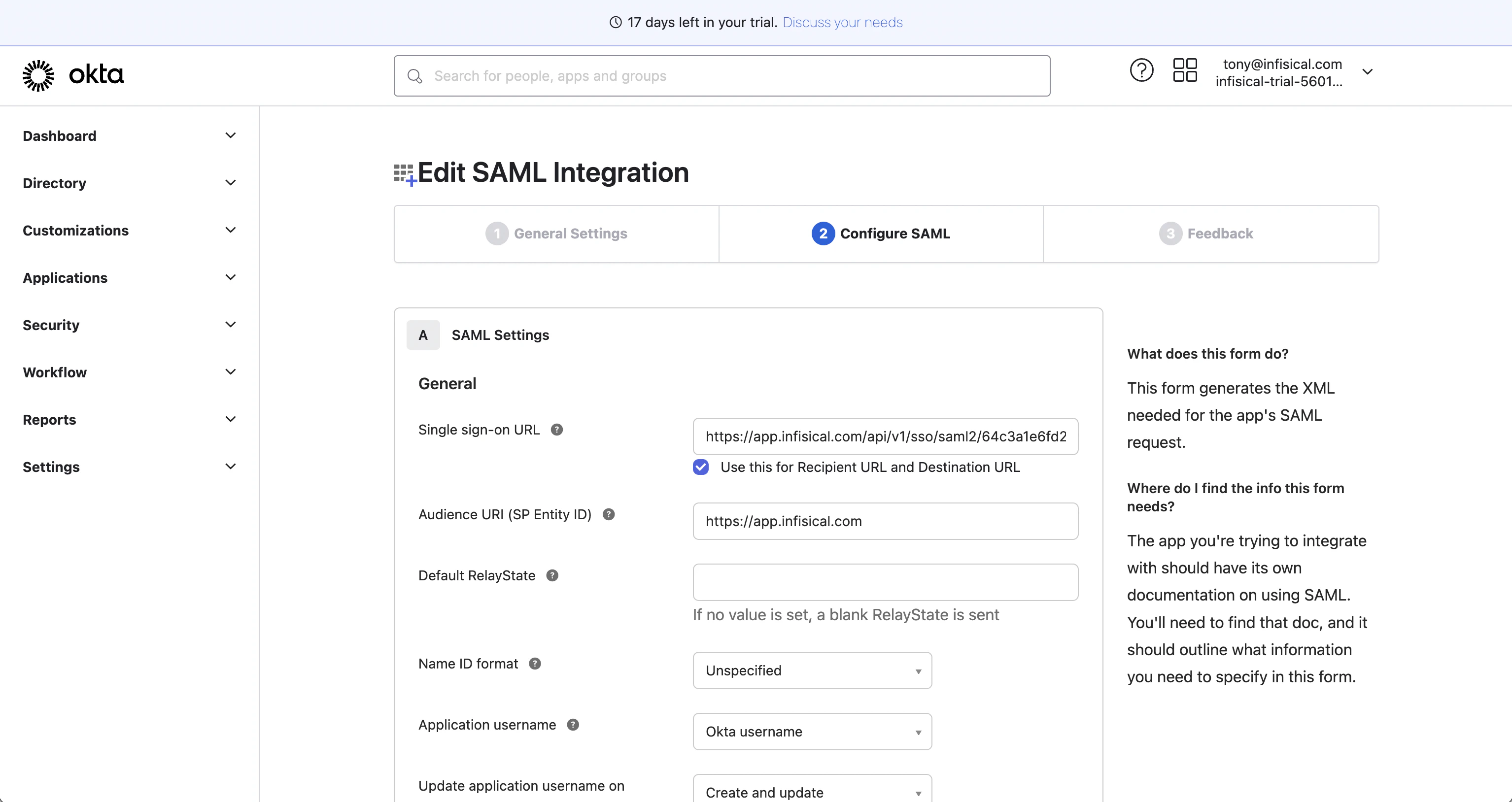 SAML Okta configure IdP fields