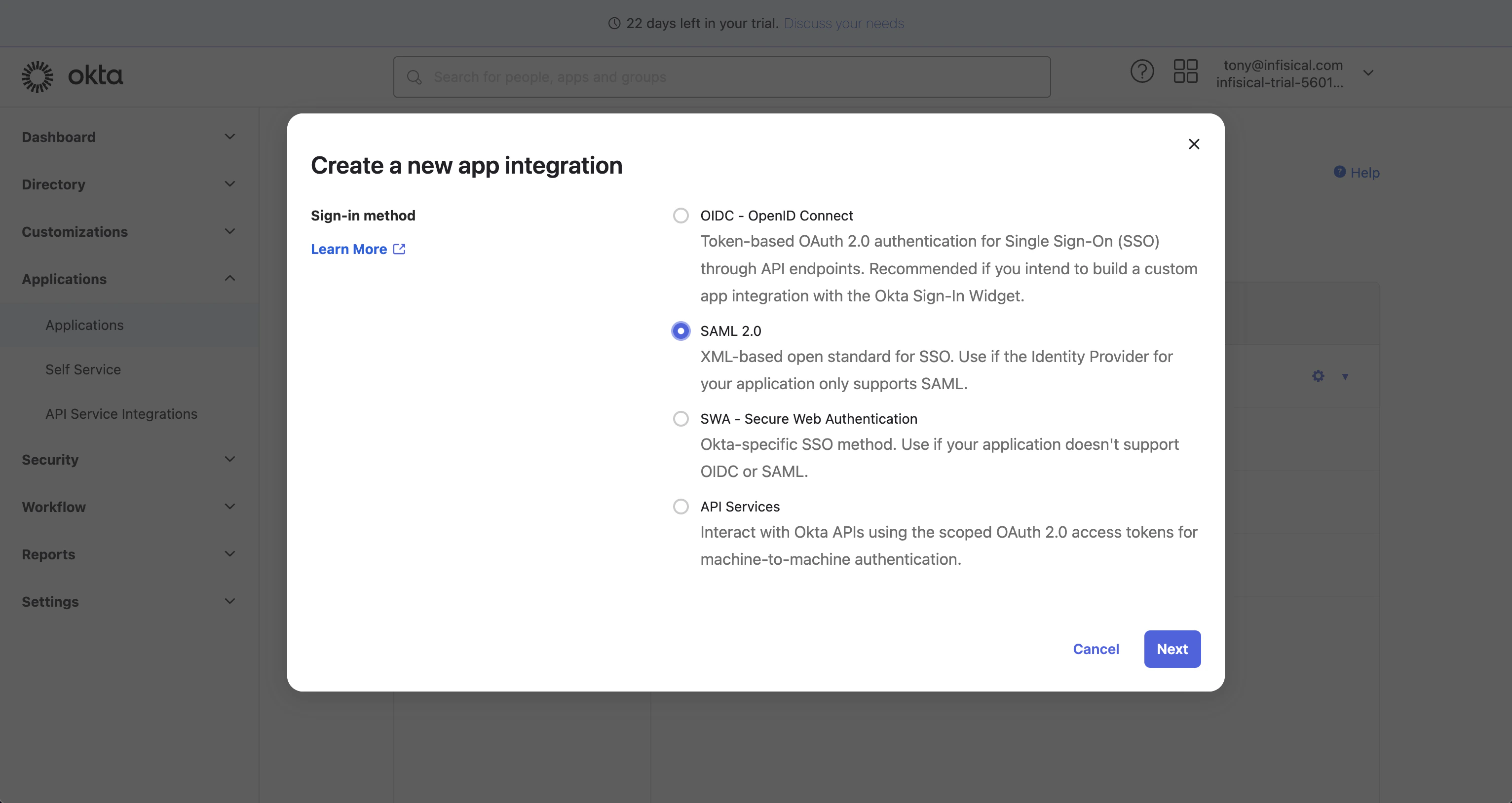 SAML Okta create SAML 2.0 integration