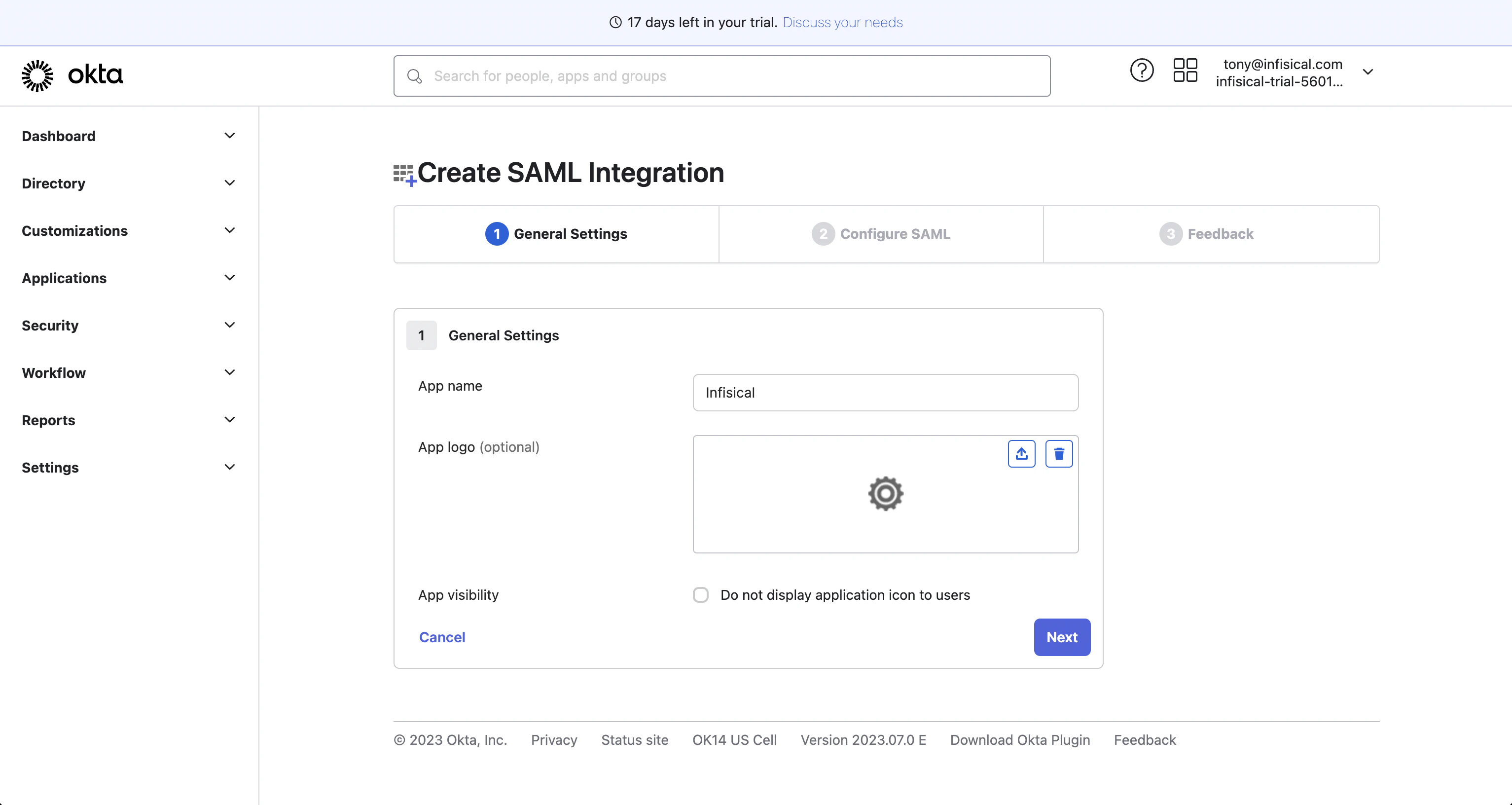 SAML Okta create SAML 2.0 integration