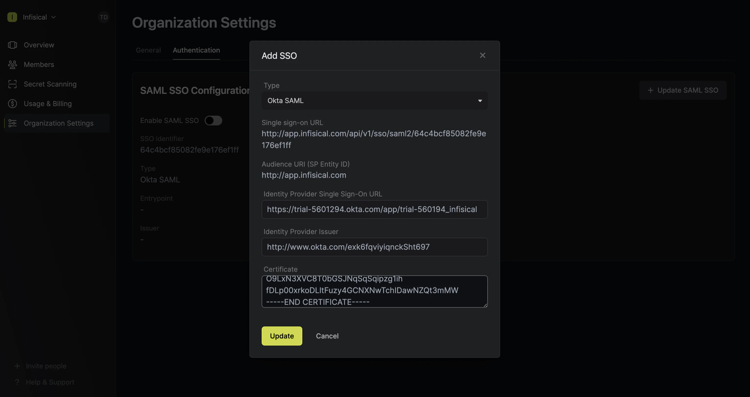 SAML Okta paste values into Infisical
