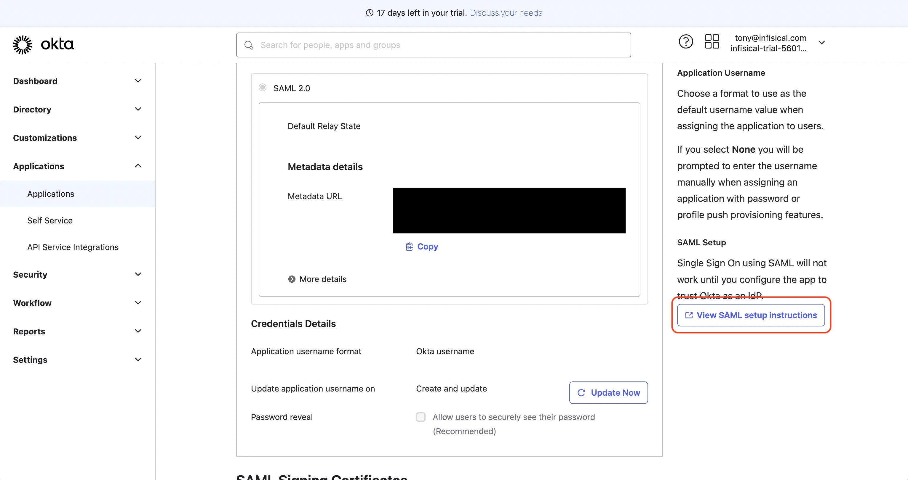 SAML Okta view setup instructions