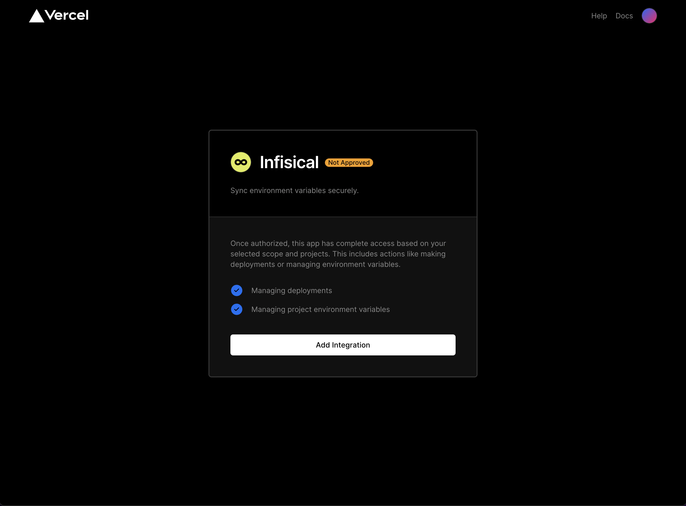 integrations vercel authorization