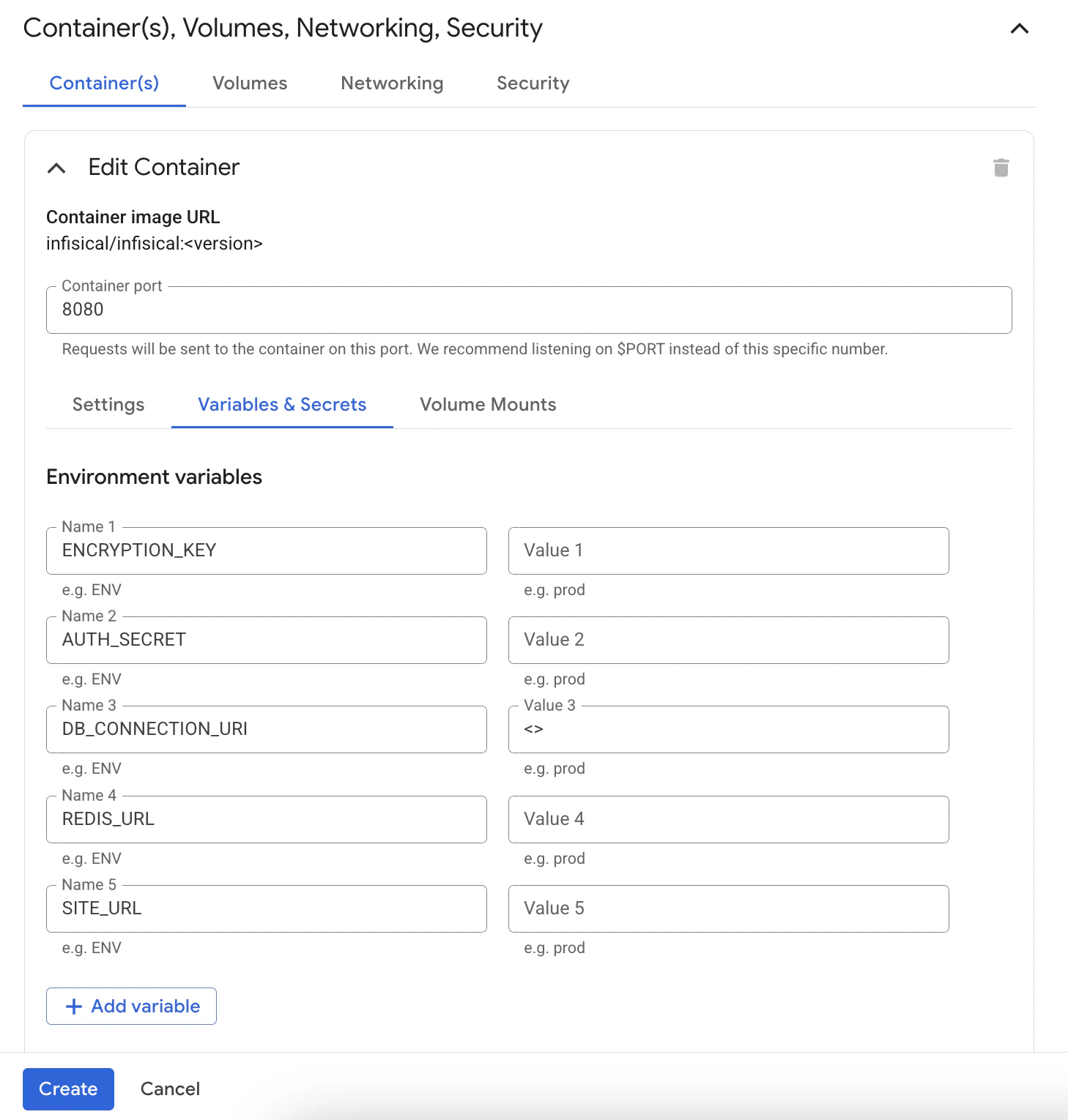 Cloud Run container environment variables settings UI